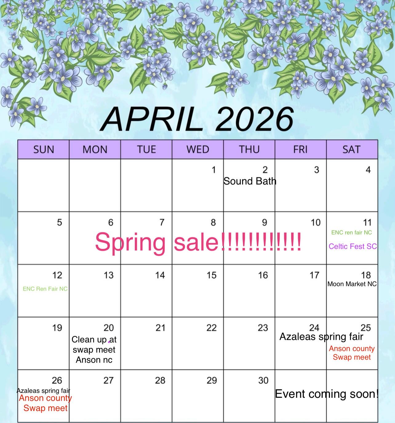 What a month do we have for you! We got sales, we got events, we are double booked almost every single weekend! So if you are local to North Carolina, South Carolina, or even a fan of Renaissance fairs, you can find us at one local to you starting this month. We are also blessed to participate in the Anton County swap meet starting this month of April. Where we will be set up all summer long. If you find yourself with nothing to do on April 20 you can come down to the Anson County swap meet where we are having a cleanup day for all participants to clean up the swap meet and get it ready so if you want to join a community cleanup event, this would be the one. Meet with local vendors and get to know your neighbors. Don’t forget to look for our flag!