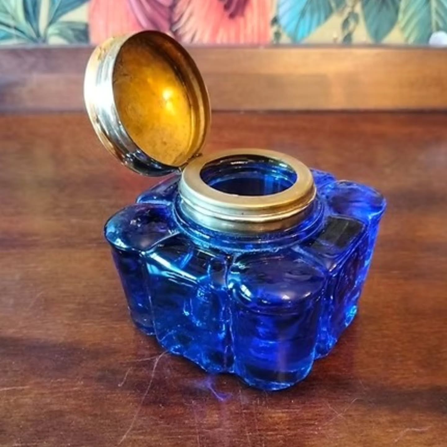 Vintage may be older cobalt blue glass and brass lid desk ink well heavy item | https://share.google/aJrQFSs5jX2Q3gUzL #stufftoyouandme