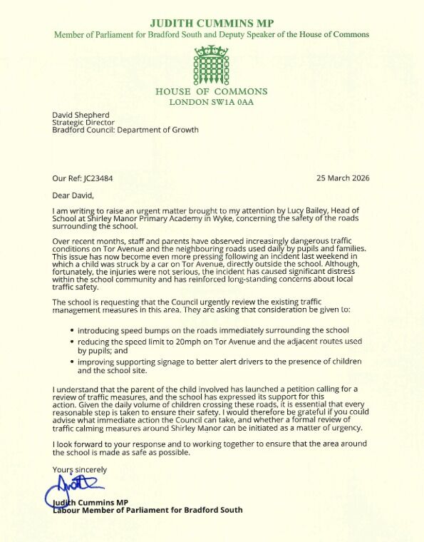Following an incident this weekend outside Shirley Manor Primary Academy, I’ve contacted Bradford Council to press for an urgent review of road safety on Tor Avenue.
Parents and staff have been raising concerns about traffic in this area for some time, and it’s clear more must be done to protect children travelling to and from school.
I will continue working with the school and local community to push the Council for the changes needed to help keep our children safe.