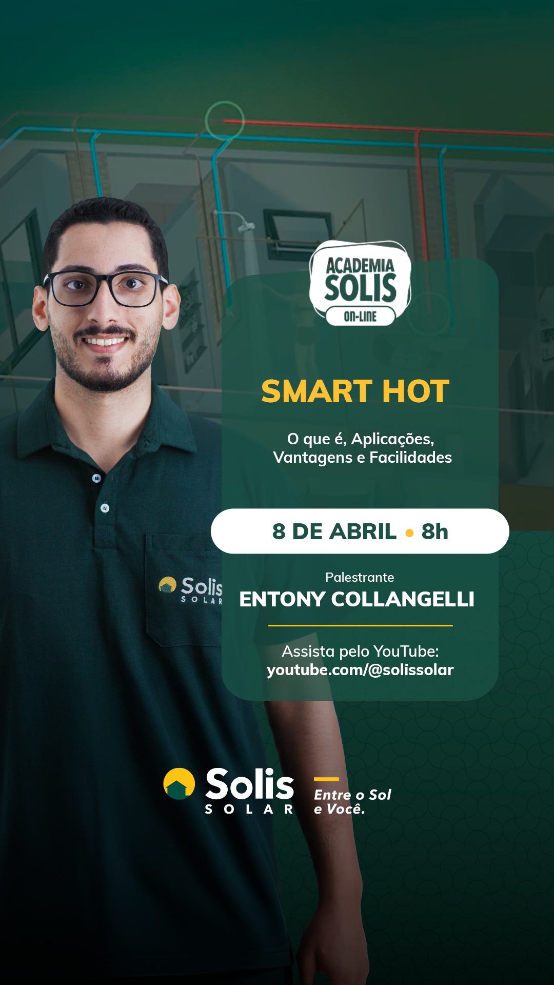 O futuro da recirculação está prestes a mudar. O Smart Hot 2.0 chega para reinventar esse conceito e elevar o padrão de conforto e eficiência nos projetos.
O lançamento oficial será na FEICON 2026. E você já pode dar o primeiro passo: acompanhe a live no dia 08/04 e entenda, na prática, o que está por vir.
E mais: a FEICON 2026 já está chegando, e a Solis Solar tem o prazer de receber você em nosso estande.
Anote na agenda:
• 07 a 09 de abril | 10h às 20h
• 10 de abril | 10h às 19h
📍 São Paulo Expo – SP | Estande C041
Venha ver de perto o que está prestes a mudar o jogo.