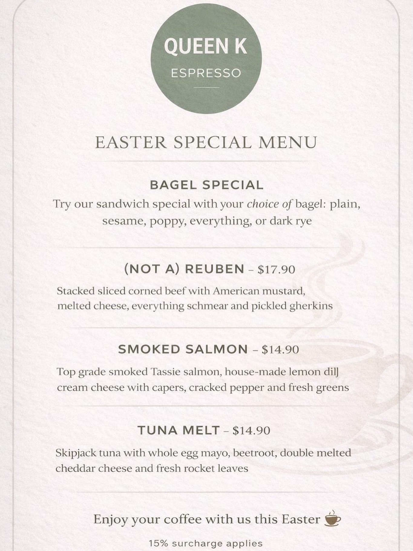 Easter Special Menu now live 🐣
Fresh bagels, quality ingredients, and something for everyone.
Available for a limited time at Queen K ☕️