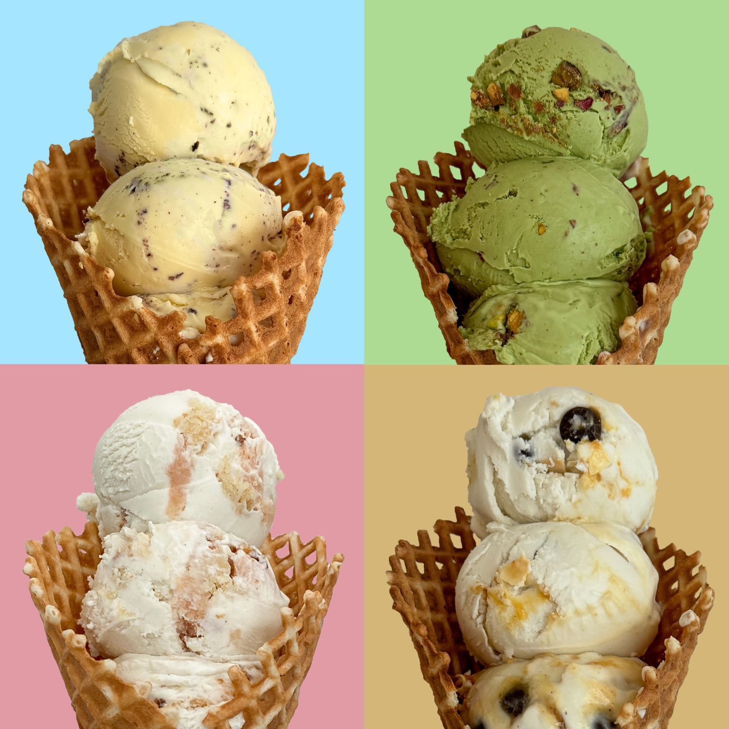 Spring is here and these are our seasonal APRIL FLAVORS:
⭐️ chocolate passionfruit: chocolate meets passionfruit ice cream
🍵 matcha pistachio: matcha ice cream - crushed pistachios
🩷 rhubarb polenta cake: vanilla ice cream - lemony rhubarb compote - olive oil polenta cake
🥥 coconut caramel: coconut ice cream - vanilla caramel sauce - chocolate chips - coconut chips
each month we offer 4 special seasonal flavors next to our 8 always flavors.
SCOOPING NOW ! - see you soon ✨