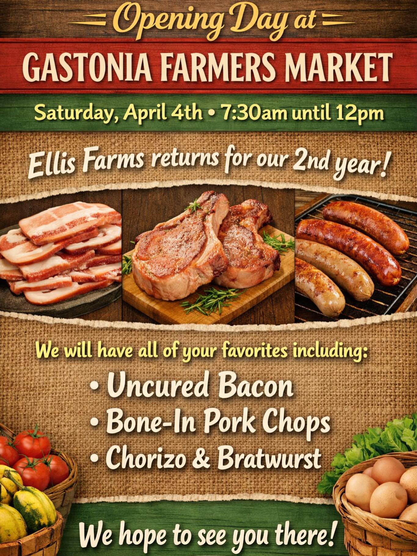 🌿 Opening Day at Gastonia Farmers Market! 🌿
We’re excited to kick off the season — Ellis Farms is back for our 2nd year!
Join us Saturday, April 4th from 7:30am–12pm and stock up on your farm favorites, including:
🥓 Uncured bacon
🥩 Bone-in pork chops
🌶️ Chorizo
🌭 Bratwurst
Come shop local, support farmers, and enjoy a great morning at the market. We can’t wait to see you there!
#EllisFarms #GastoniaFarmersMarket #ShopLocal #NCFarmers #PastureRaised @gastoniafarmersmarket