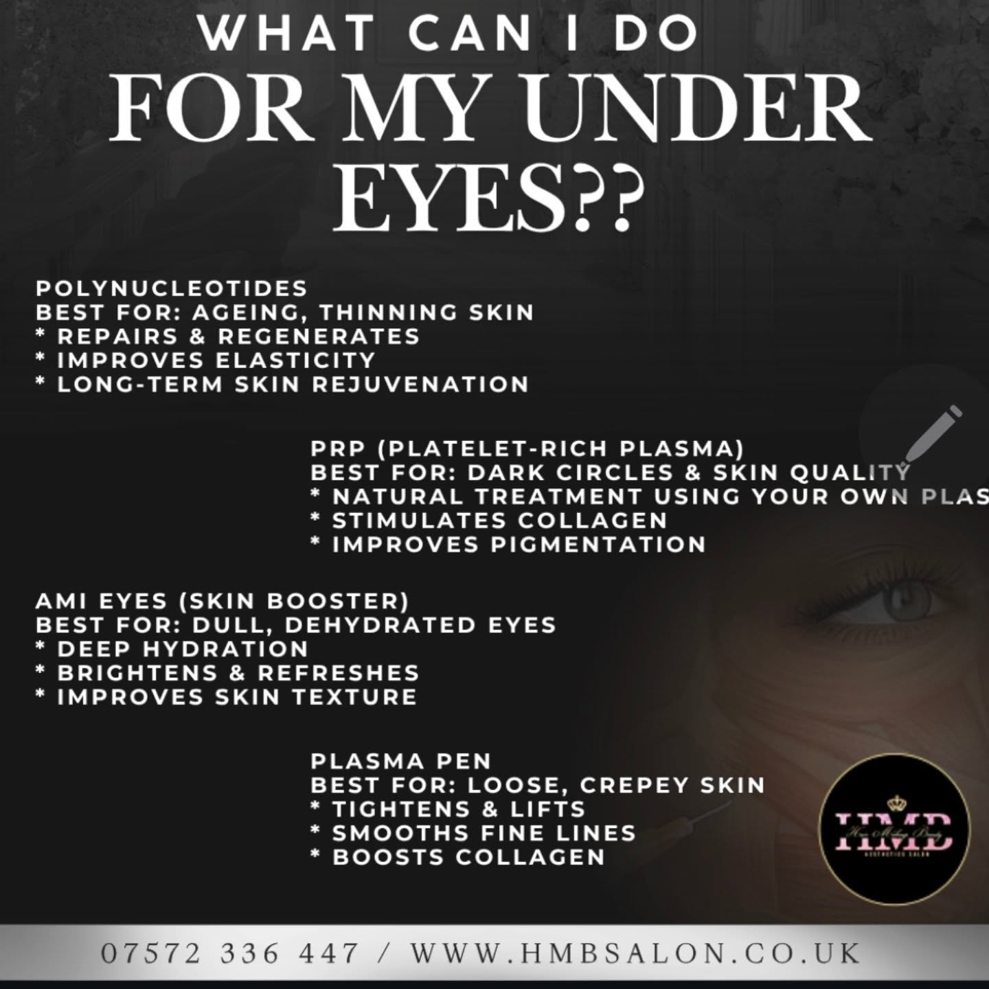 Tired of dark circles, fine lines, or tired-looking under eyes? 👀✨
Your under-eye area deserves just as much care as the rest of your skin and the right treatment can make all the difference.
At HMB Salon, we offer advanced solutions tailored to YOU:
💧 Hydrate & refresh with Ami Eyes
✨ Brighten dark circles with PRP
🔬 Regenerate & strengthen with Polynucleotides
💫 Lift & smooth with Plasma Pen
Whether you're dealing with dullness, crepey skin, or loss of elasticity, we’ve got a treatment to help you look brighter, fresher, and more confident.
📍 Ready to love your under-eyes again?
Book your consultation today: www.hmbsalon.co.uk
#UnderEyeTreatment #SkinRejuvenation #DarkCircles #AmiEyes #PRP Polynucleotides PlasmaPen GlowingSkin BeautyClinic HMBSalon