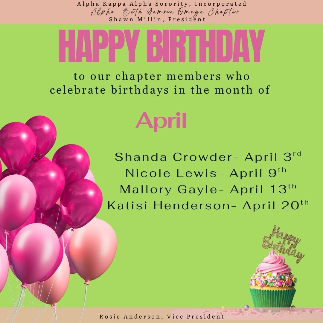 🎉 Happy Birthday to our April Queens 🎉
Wishing a fabulous birthday to all of our members celebrating this month. May your days be filled with joy, laughter, and all the success your heart can hold. Thank you for the light, leadership, and love you bring to our chapter.
Here’s to another year of growth, grace, and greatness. Enjoy your special month. 💕✨
#AprilBirthdays #AKA1908 #ChapterLove #CelebrateYou