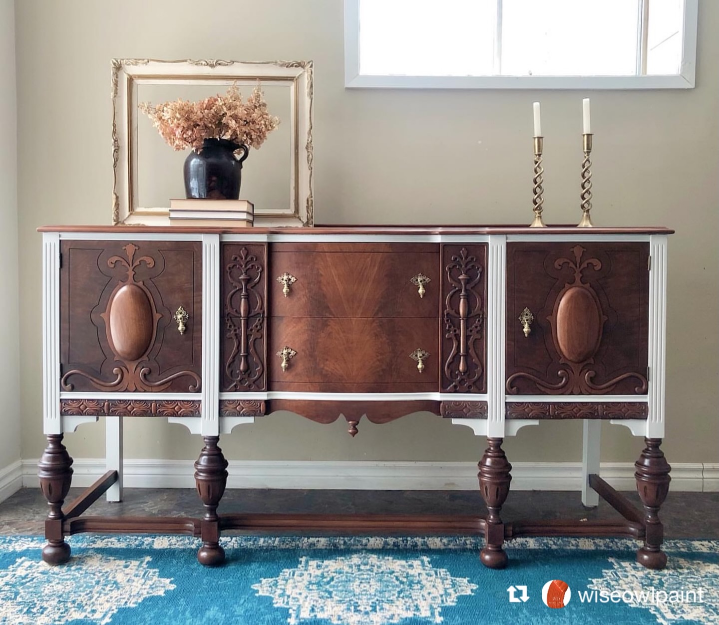 This is why a mixed finish can lift a piece.
Often, the finish feels strongest when some parts are softened and others are left to hold the depth.
This Jacobean sideboard by @heathershomedecorandrestore is a beautiful example. The carved detail, original timber and strong shape already gave the piece so much presence. This custom blend of whites, creams and warm grey has lightened the body beautifully without losing that sense of weight and character.
That contrast is a big part of why mixed finishes can work so well. The painted sections bring softness and freshness. The timber brings warmth, depth and history. Together, the piece feels layered, balanced and far more interesting than if everything had been treated the same way.
It is also a good reminder that getting a piece right is not always about doing more. Often, it comes down to reading the furniture well and knowing where a softer finish will lift it, and where original character is doing important work already.
Beautifully finished by @heathershomedecorandrestore using a custom Wise Owl Paint blend and Furniture Salve used on the interior.
Available from The Furniture Paint Shop ~ Australia’s home of Wise Owl Paint 🦉
#FurniturePaintShopAustralia
#WiseOwlPaintAustralia
#WiseOwlPaint