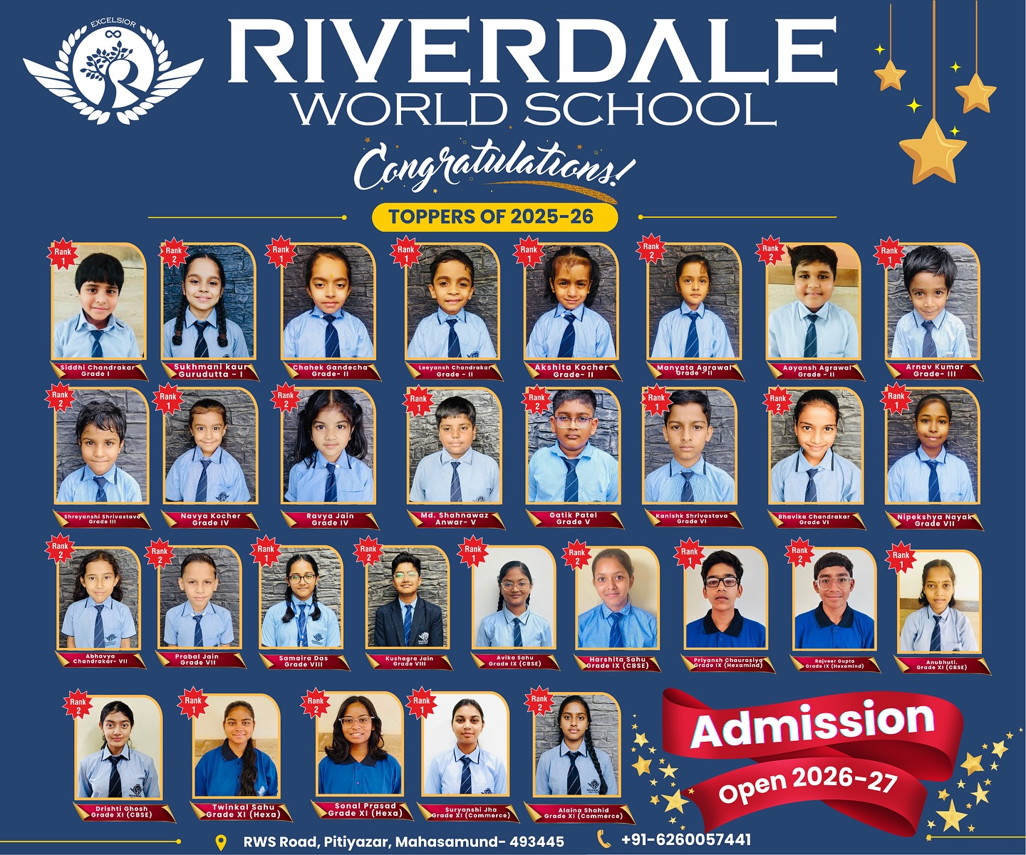 Riverdale World School, Mahasamund proudly celebrates the remarkable achievements of our shining stars of the academic session 2025–26 🌟
Your dedication, hard work, and success make us truly proud—this is just the beginning of a bright future ahead! 🎓✨
#RiverdaleWorldSchool #RWSMahasamund #StudentSuccess #ProudMoment #FutureLeaders #AcademicExcellence #ShiningStars #SchoolAchievements #SuccessStories #Congratulations #Batch2025_26 #DreamBigAchieveBig