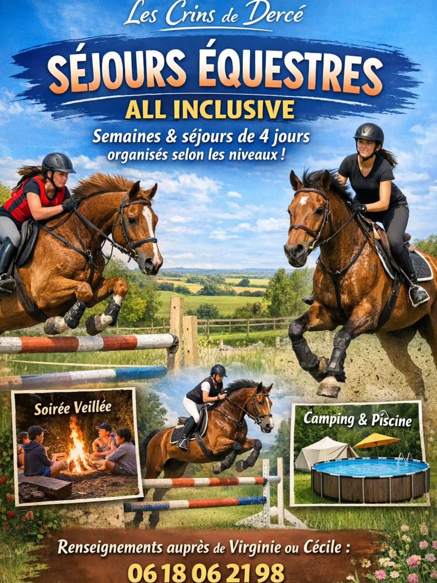A partager ..... (Dans le monde entier 🤣🤣😘)
Des séjours d'une semaine
Séjour 4 jours et 3 nuits
Juillet - Août 2026..
Des vacances Équestres...
Ambiance conviviale
Monitrices présentes H24..
Animations en selle.. mais aussi des soirées inoubliables
Demandez le programme... DATES - NIVEAUX ET TARIFS
Activités Centre équestre Les CRINS De Dercé
@à la une
LES CRINS DE DERCE poney club