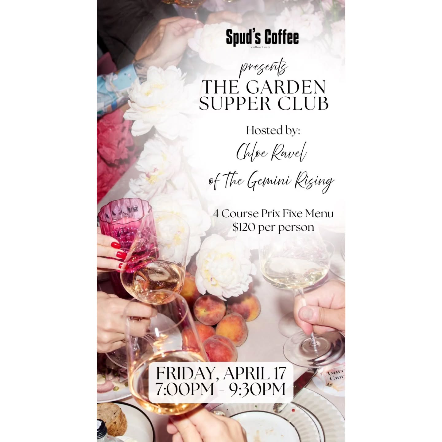 Spring dinner plans, found 🌸
Spud’s Coffee is turning its cozy neighborhood space into a garden-inspired supper club for one special evening on Friday, April 17 from 7:00 p.m. to 9:30 p.m.
Hosted with Chloe Ravel aka @thegeminirising_, The Garden Supper Club will feature a seasonal four-course prix fixe menu by Chef Megan Wilson, a welcome garden-inspired cocktail, fresh coffee service after dinner, and a relaxed communal atmosphere designed for slowing down and gathering around the table.
Guests can come with friends or solo, with menu options including primavera pasta, roasted snapper fillet, or roasted beef tenderloin, plus family-style starters, soup, shared sides, and dessert.
Tickets are going fast, BYOW, and spots are limited.
Tap the link in @spudscoffee’s bio to reserve your seat.
#Choose954 #SpudsCoffee #GardenSupperClub #PopUpDinner #TheGeminiRising
