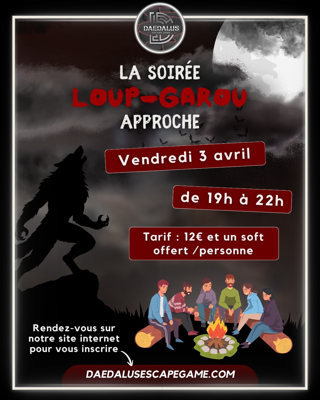 Il reste 𝗱𝗲𝘀 𝗽𝗹𝗮𝗰𝗲𝘀 𝗱𝗶𝘀𝗽𝗼𝗻𝗶𝗯𝗹𝗲𝘀 pour notre soirée Loup-Garou prévue 𝗹𝗲 𝘃𝗲𝗻𝗱𝗿𝗲𝗱𝗶 𝟯 𝗮𝘃𝗿𝗶𝗹 ⵑ
Rendez-vous 𝗱𝗲 𝟭𝟵𝗵 𝗮̀ 𝟮𝟮𝗵 pour une soirée pleine de bluff, de stratégie et de fous rire autour du célèbre jeu 𝗟𝗼𝘂𝗽-𝗚𝗮𝗿𝗼𝘂.
Tarif : 𝟭𝟮€ /𝗽𝗲𝗿𝘀𝗼𝗻𝗻𝗲 + 𝟭 𝘀𝗼𝗳𝘁 𝗼𝗳𝗳𝗲𝗿𝘁 🥤
🥖 Possibilité de 𝗰𝗼𝗺𝗺𝗮𝗻𝗱𝗲𝗿 𝗱𝗲𝘀 𝗽𝗹𝗮𝗻𝗰𝗵𝗲𝘀 𝗮𝗽𝗲́𝗿𝗶𝘁𝗶𝘃𝗲𝘀 pour accompagner la soirée.
On vous attend nombreux pour tenter de démasquer les loups.. ou devenir le plus redoutable d'entre eux 👀
𝗥𝗲𝗻𝗱𝗲𝘇-𝘃𝗼𝘂𝘀 𝘀𝘂𝗿 𝗻𝗼𝘁𝗿𝗲 𝘀𝗶𝘁𝗲 𝗶𝗻𝘁𝗲𝗿𝗻𝗲𝘁 𝗽𝗼𝘂𝗿 𝘃𝗼𝘂𝘀 𝗶𝗻𝘀𝗰𝗿𝗶𝗿𝗲 ⵑ
__________________
🌐 https://f.mtr.cool/popuuxnfdb
📱 0633447032
☎️ 0984483171
#escape #escapegame #escaperoom #parcours #loisirs #jeu #jeux #blois #loiretcher #famille #amis #ami #barajeux #loire #jeudesociete #valdeloire #chateaudelaloire #loireavelo #bloismaville #valducher #sologne #vendome #sortiren41 #bloischambord #bloiscity #maisondelamagie #visiteblois #bloistourisme #soirée