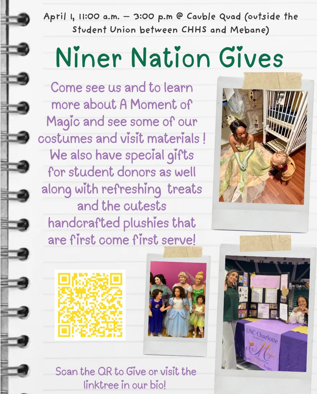 Before you keep scrolling… read this 💜✨
Even the smallest student donation can create something BIG. When students give, alumni are inspired to match—sometimes doubling or even tripling the impact. That means your $5, $10, or $20 turns into so much more magic for kids who need it most.
We’re bringing joy, comfort, and smiles to medically and socially vulnerable children across North Carolina—and YOU can be part of that ripple effect 🪄
📍 Come see us April 1st from 11 AM – 3 PM at Cauble Quad
🎁 Student donors get special goodies + treats
🧸 Handmade plushies available (first come, first serve!)
Let’s be brave like the children we serve, strong as a unit, and fearless in ourselves 💫
✨ Donate. Share. Make magic. ✨
#NinerNationGives #AMomentOfMagic #SpreadMagic #CollegeForACause #MakeADifference