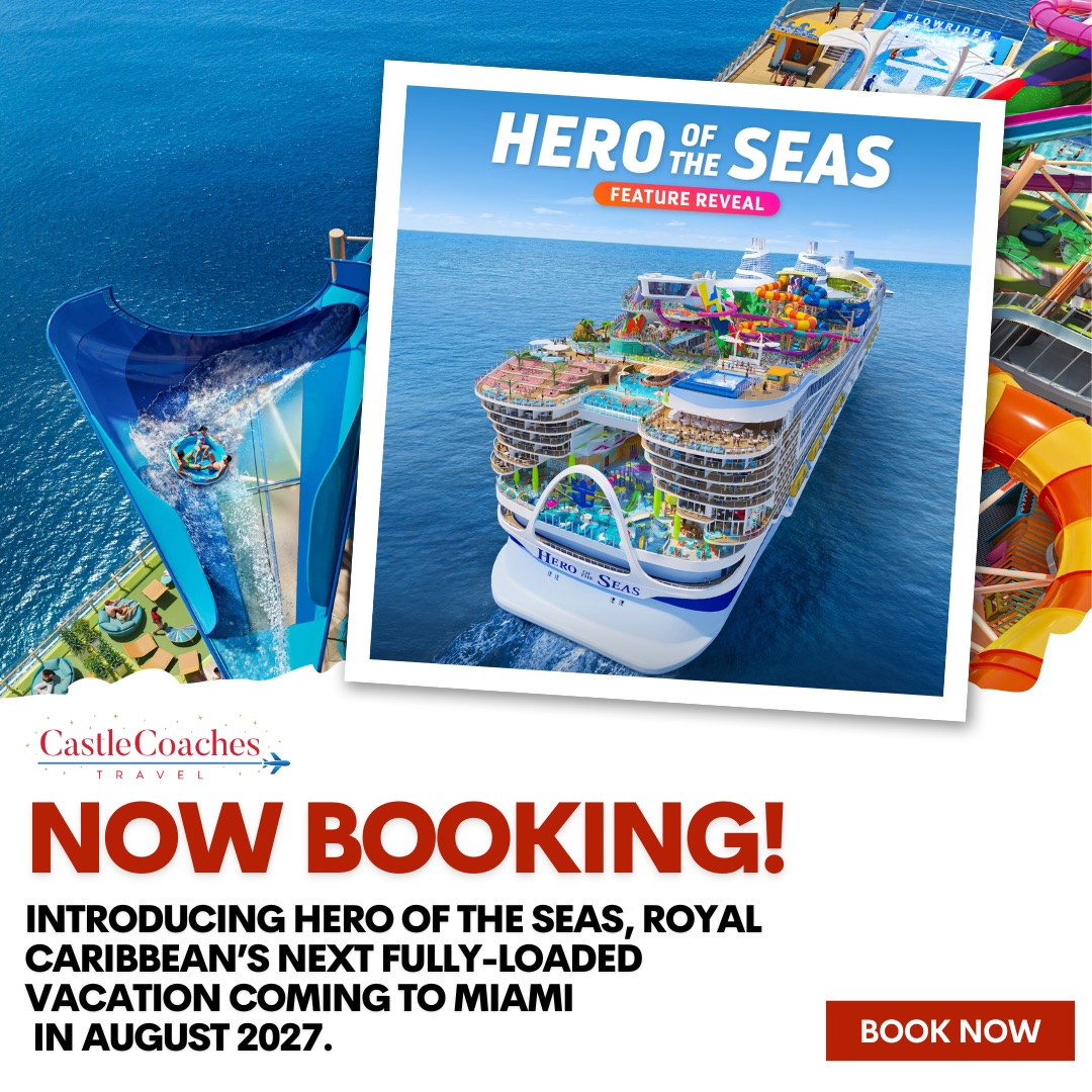 🌊 ALL EYES ON HERO OF THE SEAS
Royal Caribbean is giving families and cruisers even more to look forward to with Hero of the Seas, the next evolution of the Icon Class experience.
This isn’t just about one suite or one feature — it’s about the ship as a whole.
Here’s why people are already talking about it 👇🏼
🛳 Debuting from Miami in August 2027
💥 Part of Royal Caribbean’s Icon Class lineup
🏊 New pool day vibes with 9 pools (+2 from other Icon Class ships)
🍹 The Hideaway, expanded, now with two pools and the largest swim-up bar at sea
🌊 All-new waterslides in Category 6 Waterpark, including the first funnel raft slide at sea
🏡 Over-the-top staterooms like the Ultimate Family Treehouse and redesigned Royal Loft Suite
🍽 The most places to dine at sea, with 28 venues like Royal Railway Hero Station and Orleans Parish Supper Club
👨👩👧👦 Designed with families and multi-generational travel in mind
🎉 New onboard experiences, including cooking classes
🏝 Sailing to Perfect Day at CocoCay and the Eastern and Western Caribbean
If you love the idea of a cruise where there is just as much to enjoy onboard as there is in port, Hero of the Seas is definitely one to watch.
Even better, WE have early access. 🎉 Castle Coaches Travel can help you stay ahead of the crowd and match you with the right sailing. Click the link in our bio to schedule a complimentary, no-obligation consultation and let’s start planning your next unforgettable vacation.
.
.
.
#royalcaribbean #herooftheseas #familycruisevacation #familytravel #castlecoachestravel