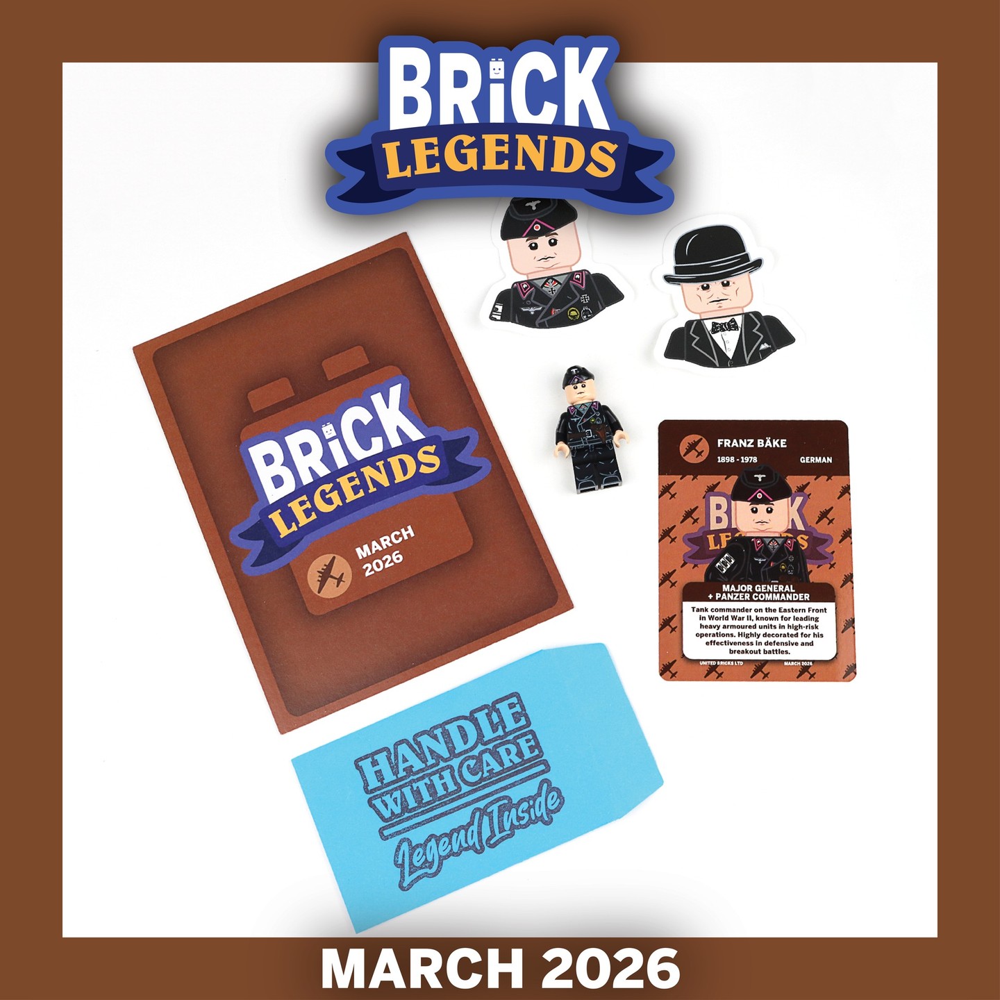 🎉 Brick Legends March 2026 Box Reveal! 🎉
This month’s box - themed “World War II” - honours one of Germany’s most skilled tank commanders.
🇩🇪 Meet Franz Bäke 🇩🇪
Panzer ace and decorated officer, known for his leadership on the Eastern and Western fronts and his tactical brilliance in armoured warfare.
The Franz Minifigure arrives with:
- Informative leaflet for the box
- Premium Collectible Trading Card
- 2× Stickers for your collection!
Missed out on the March box?
Good news - the April 2026 Brick Legends Box (themed Cold War) is LIVE NOW!
⏰ Grab yours at unitedbricks.com/bricklegends
Available until 15th April 2026 at 12PM (BST)
🔥 Don’t miss your chance to join the adventure!
–
#BrickLegends #UnitedBricks #WW2 #FranzBäke #CollectorsBox #ForCollectors #Minifigures #WW2Minifigure #AFOL #MinifigDrop