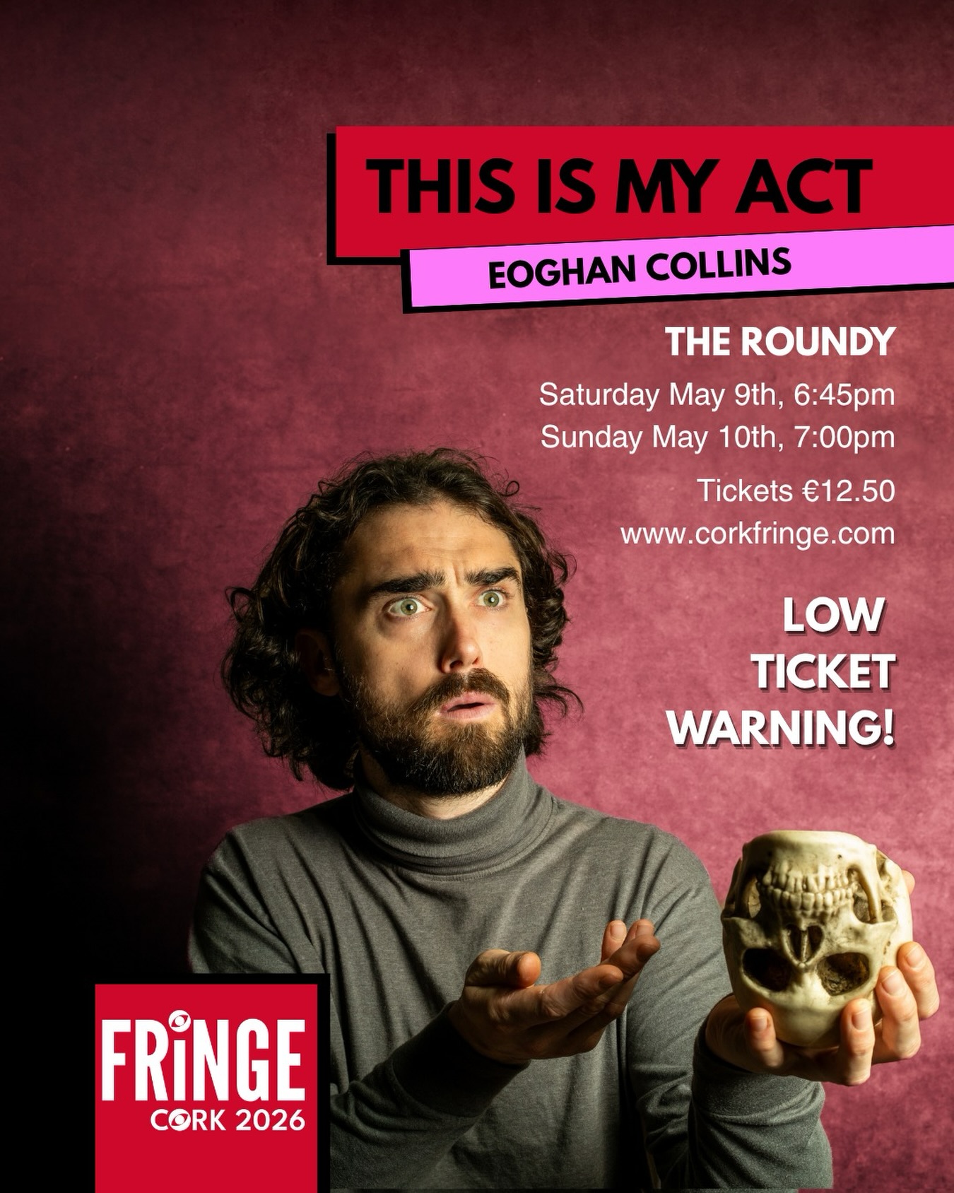From as far back as he can remember, Eoghan wanted to be an actor. But dreams turn to nightmares when they’re not what you think, especially when you find yourself surrounded by prisoners with a glint of desire in their eyes and Shania Twain in their hearts.
This Is My Act is a musical stand up comedy show by Eoghan Collins about ambition and building relationships, no matter how frustrating that might be.
Expect dark jokes and short musical comedy tapas about Disney films, choking girlfriends and racist mayonnaise.
As seen on the BBC and featured on Joe.ie.
Written & Performed by Eoghan Collins
📍@theroundy
📆 Saturday May 9th, 6:45pm | Sunday May 10th, 7:00pm
🎟️ Tickets €12.50 at www.corkfringe.com