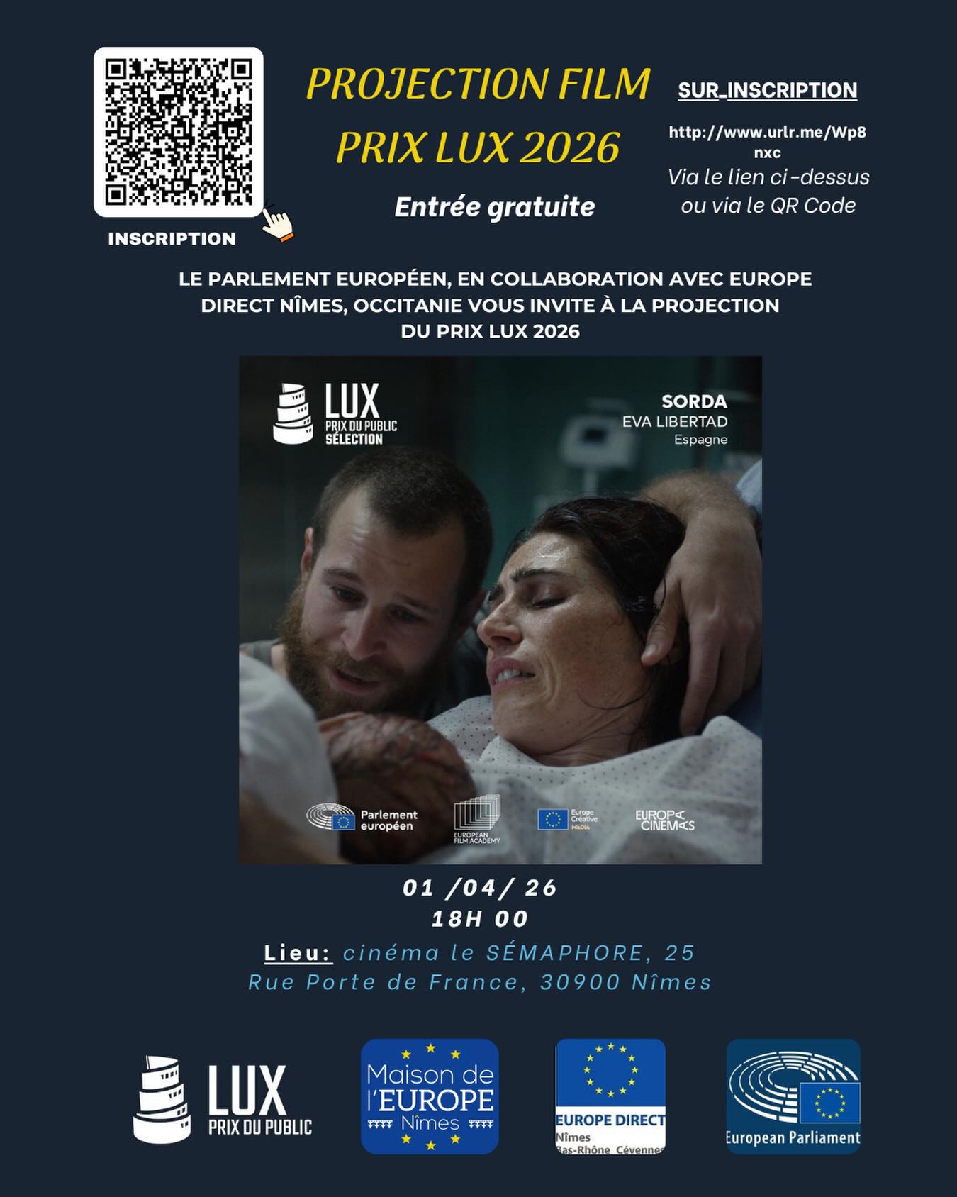 Projection du Prix LUX 2026 organisée par la Maison de l’Europe de Nîmes et le Parlement européen. Scannez le QR code pour vous s’inscrire .
#maisoneurope #handicap #inclusion #prixlux #sorda