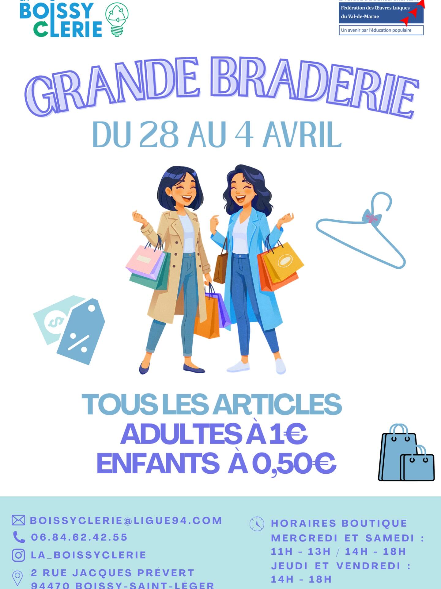 🎉 Bonne nouvelle, face au succès de la braderie, on le prolonge !
Vous avez été nombreux à en profiter et on continue pour écouler nos stocks 🛍️ Venez faire des bonnes affaires tout en consommant de manière responsable 😊