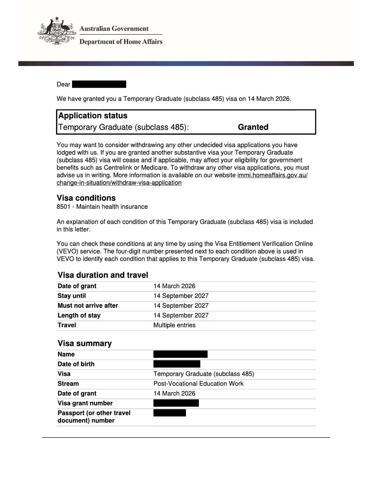 Another positive result for a Subclass 485 Temporary Graduate visa.
Application Date: 14/03/2026
Grant Date: 14/03/2026
The Subclass 485 visa is often more than just a temporary visa outcome. For many people, it represents the beginning of their pathway toward permanent residency in Australia.
That is why I always encourage applicants to think beyond the current application and consider the broader strategy ahead. My main focus is helping clients move toward permanent residency, particularly through work sponsorship and partner visa pathways.
If you have questions about your current situation, future options, or possible solutions, feel free to get in touch and run your matter by me.
Ilgin Azazi
Registered Migration Agent (MARN 2318123)
Visa Australia – Consult & Migrate
Phone: 0416049021
Email: info@visa-australia.com.au
Website: visa-australia.com.au
#Subclass485 #TemporaryGraduateVisa #PermanentResidencyAustralia #PRStrategy #WorkVisaAustralia #PartnerVisaAustralia #MigrationAgentAustralia #RegisteredMigrationAgent #VisaSupport #AustralianMigration #VisaAustralia #ilginazazi #marn2318123