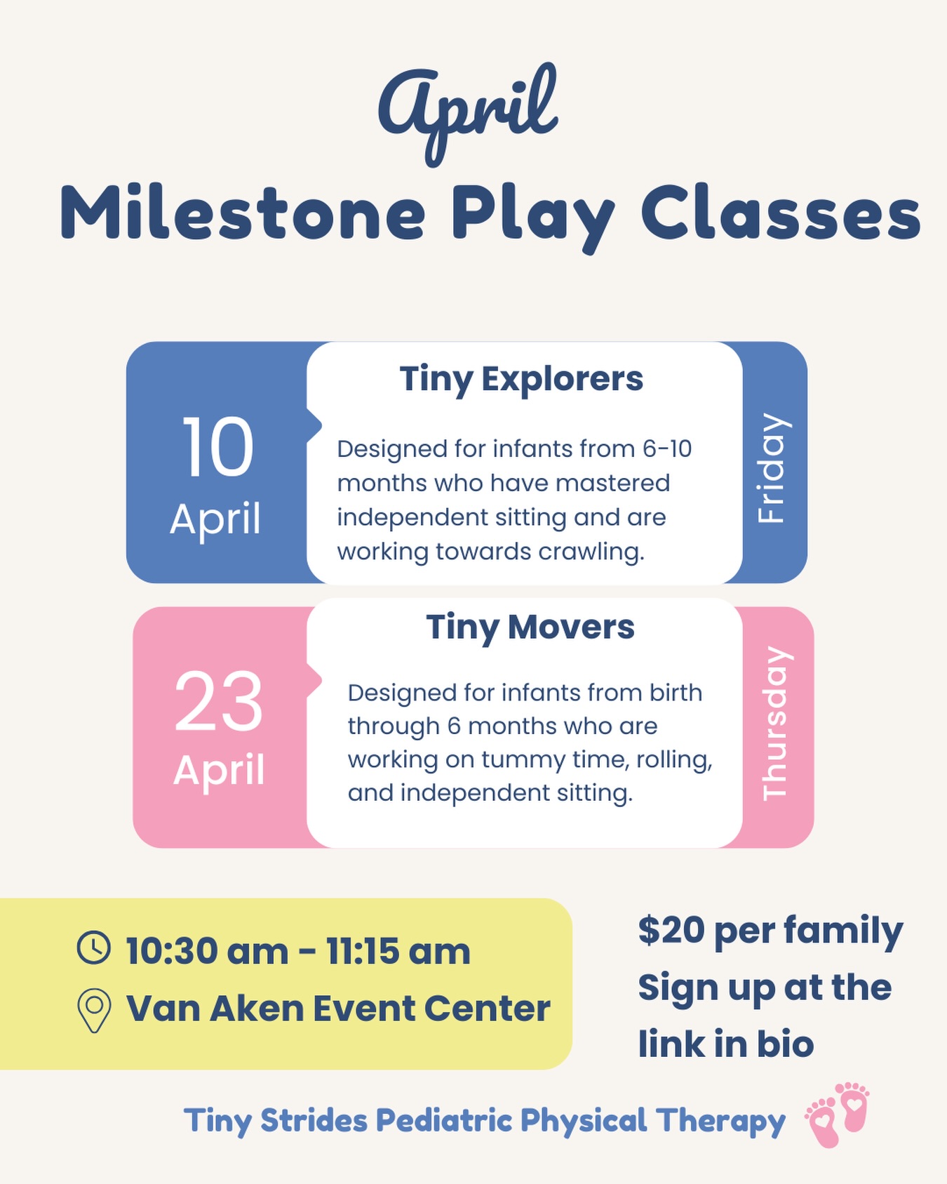 April Milestone Play Classes are around the corner!☀️
Come play, move, and learn alongside your little one. I can’t wait to see you there!
