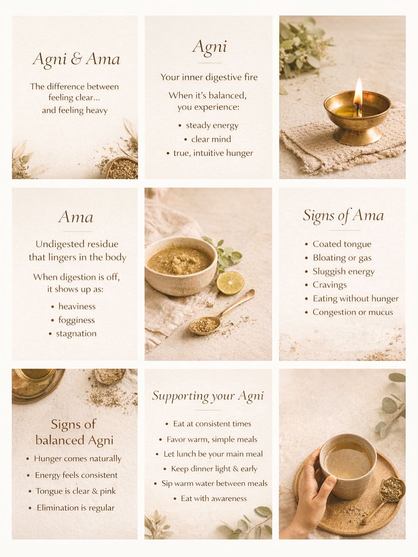 Most people try to fix their energy, skin, or mood…
but overlook the one thing that governs all of it: digestion.
In Ayurveda, this is Agni - your inner fire.
When it’s strong, everything flows.
When it’s weakened, Ama (toxicity) begins to accumulate.
This isn’t about restriction or control -
it’s about rhythm.
Eating in tune with your body can shift more than you think.
If you’ve been feeling heavy, tired, or off…
this is often where we begin.
Save this to come back to 🤍
And if you’re ready to go deeper, I offer personalized Ayurvedic guidance.
#ayurvedawellness #holisticdigestivehealth #womensholistichealth #agni #mindfuleating