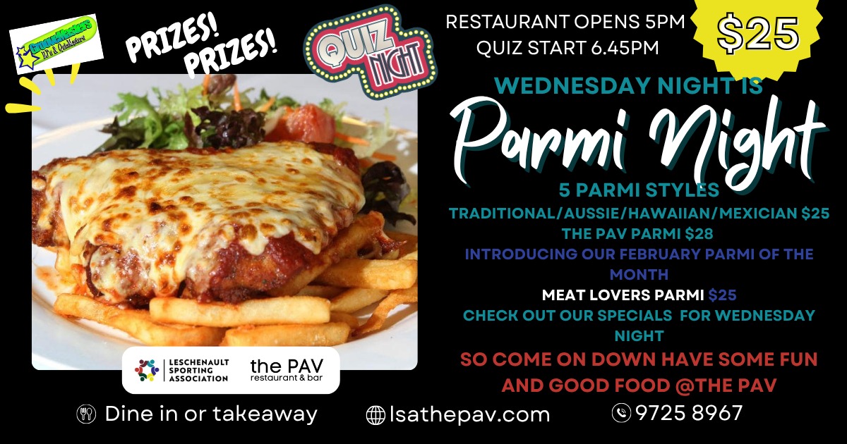 Thinking of something to do these school holidays? ๐ค
Come down to The Pav for our Quiz Night! ๐ง โจ
Grab some great food, enjoy a cold drink, and test your knowledge with friends and family.
Flavour Parmi of the Month โ Meat Lovers! ๐๐ฅ
Loaded with all the tasty toppings youโd expect from a classic meat lovers pizza.
See you at The Pav!