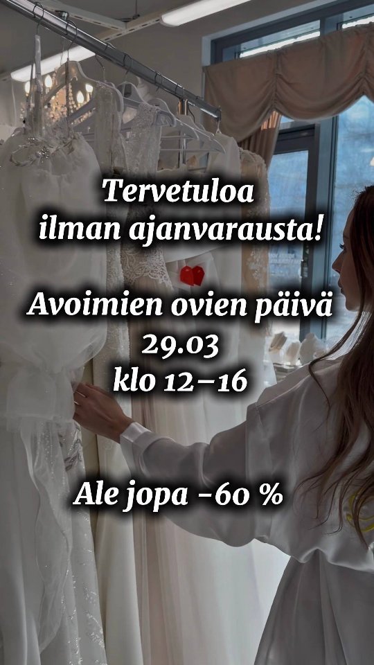 Hei, kauniit morsiamet 🤍
Nyt on täydellinen hetki löytää unelmiesi hääpuku.
Elegant Affairs uudistaa mallistoaan ja tekee tilaa uusille upeille puvuille – ja siksi avaamme ovemme erityiseen Avoimet ovet -myyntiin.
Tarjolla on ainutlaatuinen mahdollisuus löytää laadukas hääpuku poikkeushintaan:
✨ Mallikappaleet jopa –60 %
✨ Alennuksessa sekä design-puvut että valikoidut varastomallit
✨ Jokainen puku on uniikki – kun se on myyty, sitä ei tule lisää
Avoimet ovet:
📅 sunnuntai 29.3. klo 12–16
Tule sovittamaan, inspiroitumaan ja löytämään juuri sinun pukusi 🤍
Lämpimästi tervetuloa,
Elegant Affairs
#häämekko #morsian #häät #hääpukusuunnittelija #hääpuvut