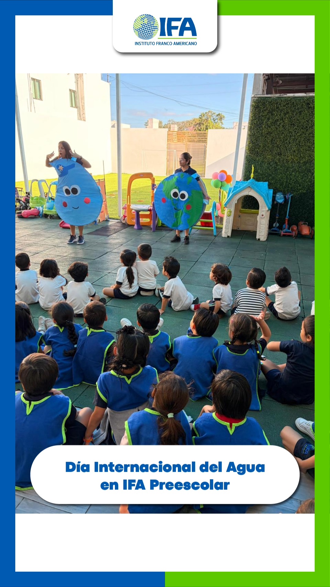 💧🌎 Día Internacional del Agua en IFA Preescolar 🌎💧
El pasado 22 de marzo, en el marco del Día Internacional del Agua, nuestros alumnos de preescolar vivieron una jornada llena de aprendizaje y conciencia ambiental.
Contamos con la visita especial del Inspector Gotita de IFA, quien recorrió las instalaciones de preescolar para compartir con nuestros pequeños la importancia del cuidado del agua y cómo, con pequeñas acciones, podemos generar grandes cambios.
A través de actividades dinámicas y significativas, nuestros alumnos reforzaron valores como el respeto por la naturaleza y la responsabilidad en el uso de este recurso vital.
En el Instituto Franco-Americano, seguimos fomentando experiencias que enriquecen el conocimiento de nuestros niños y fortalecen su compromiso con el medio ambiente.
💙 Cuidar el agua es cuidar la vida.
#IFA #PreescolarIFA #DíaDelAgua #CuidadoDelAgua #ConcienciaAmbiental #EducaciónConValores #FormandoFuturo 💧🌱