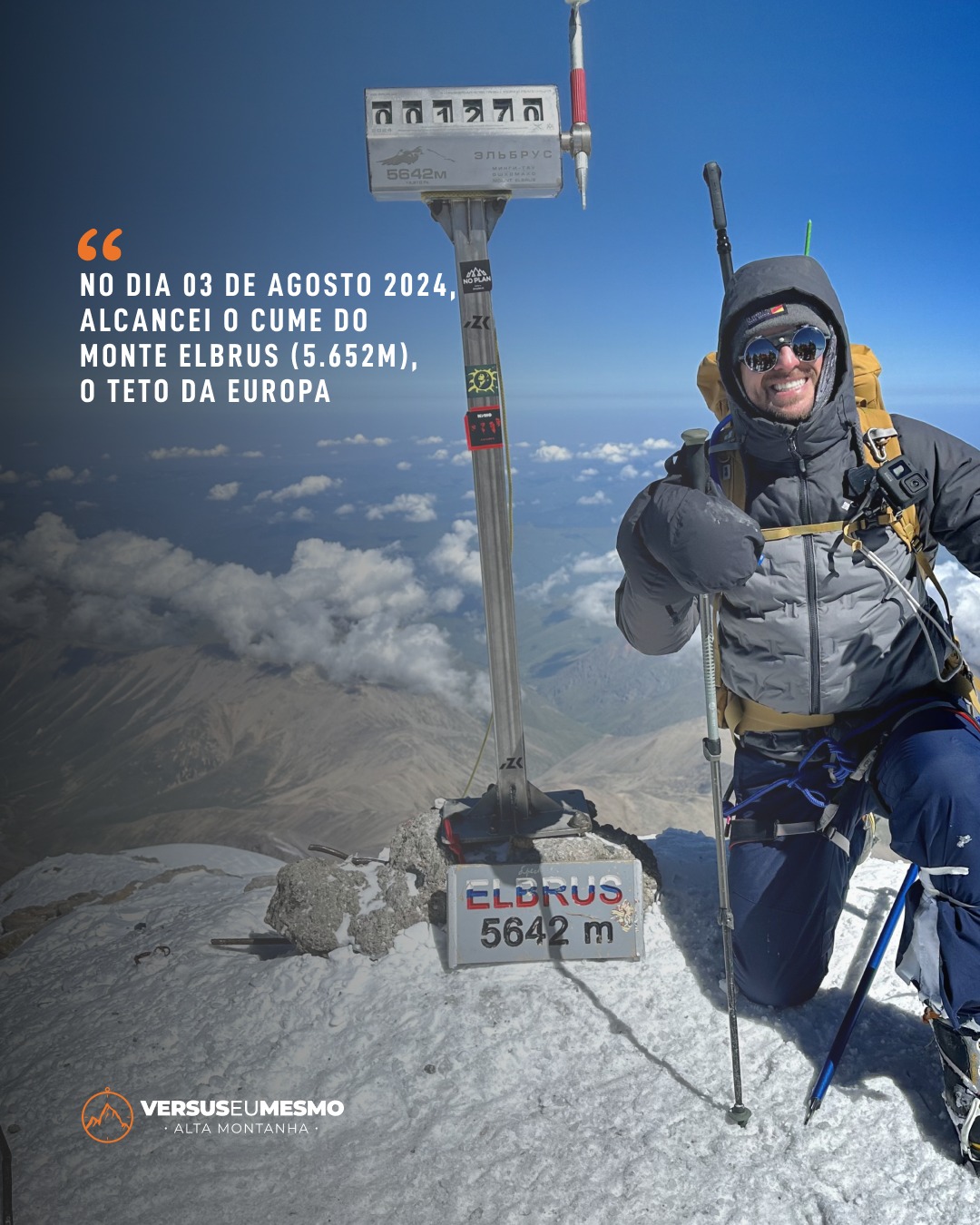 "No dia 03 de agosto de 2024, alcancei o cume do Monte Elbrus (5.652m), o teto da Europa.
Essa conquista só foi possível graças à organização e segurança proporcionadas pela Versus, sob liderança do Henrique Franke.
Uma expedição impecável, que marcou profundamente meu projeto Sete Cumes e minha evolução no montanhismo."
Gustavo da Luz, advogado e montanhista.
Próximas expedições Elbrus: julho de 2026 e julho de 2027. Vagas limitadas.