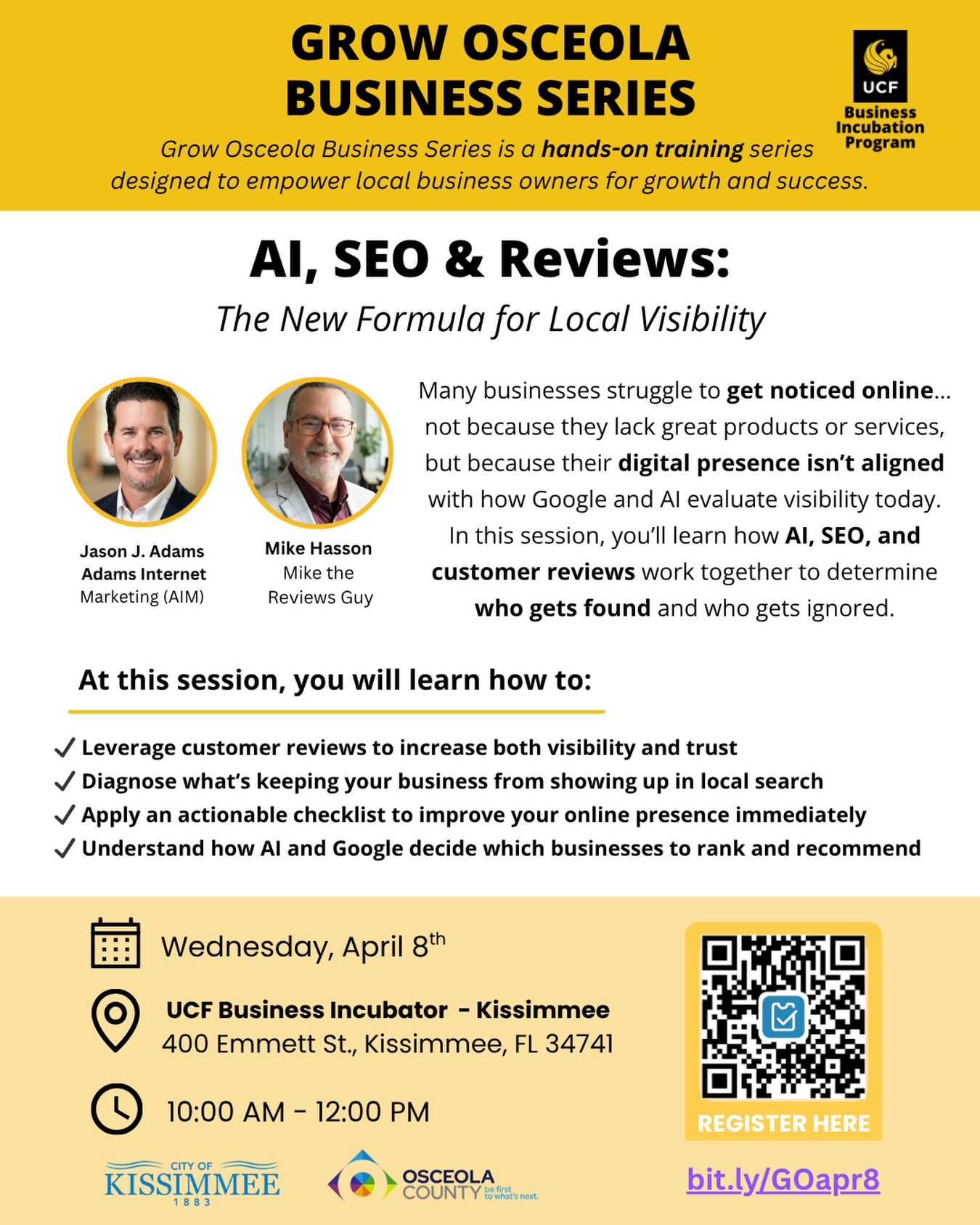 Pull up, entrepreneurs. This one right here is strategy you can actually use. 💻📍
Our partners at UCF Business Incubation Program Kissimmee are bringing real game through the Grow Osceola Business Series, and this session is about getting your business SEEN.
AI is shaping who gets found. Reviews are shaping who gets chosen. The question is, are you positioned for both?
Here’s what you’re walking away with:
• What’s holding your business back from ranking locally
• How AI and Google decide who gets recommended
• How to turn your reviews into trust and traffic
• A simple framework you can apply immediately
Featuring:
Mike Hasson (Mike the Reviews Guy)
Jason J. Adams (Adams Internet Marketing)
📅 Wednesday, April 8, 2026
⏰ 10:00 AM – 12:00 PM
📍 Kissimmee location
👉 https://bit.ly/GOapr8
If you’re building in Kissimmee, this is how you level up your visibility and your revenue. Tap in and bring somebody with you who’s serious about growth. 🚀