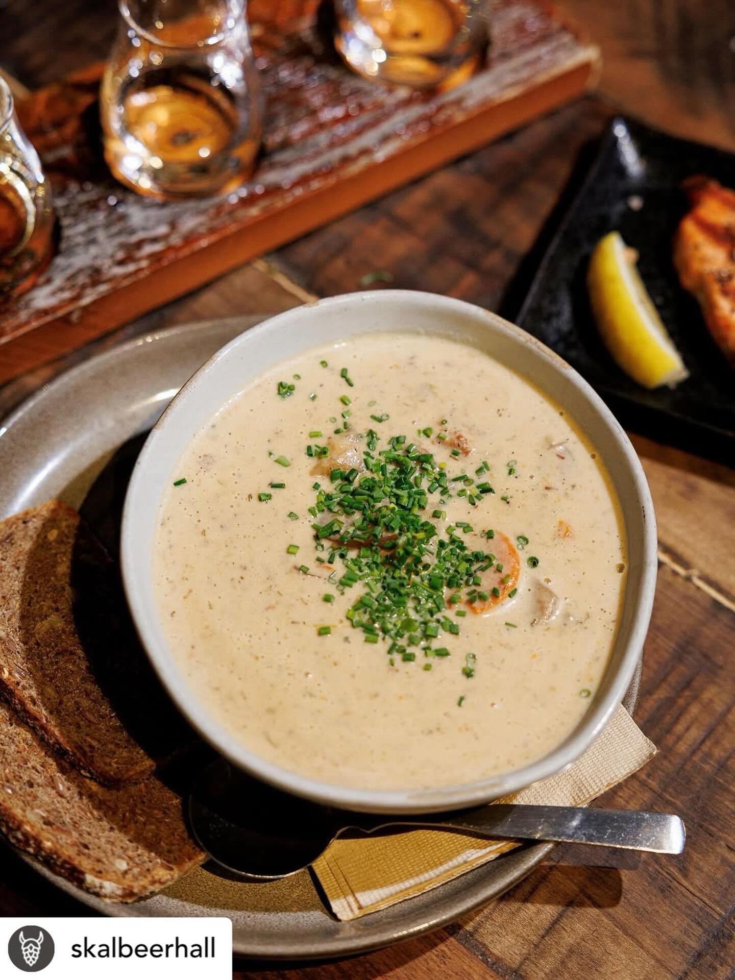 From @skalbeerhall: It’s almost the end of soup season at the beer hall! Finish off strong with the return of Fiskesuppe, a traditional Norwegian fish soup made with salmon, cod, potatoes, and fresh veggies. Served with toasted rye bread 🤤🤤