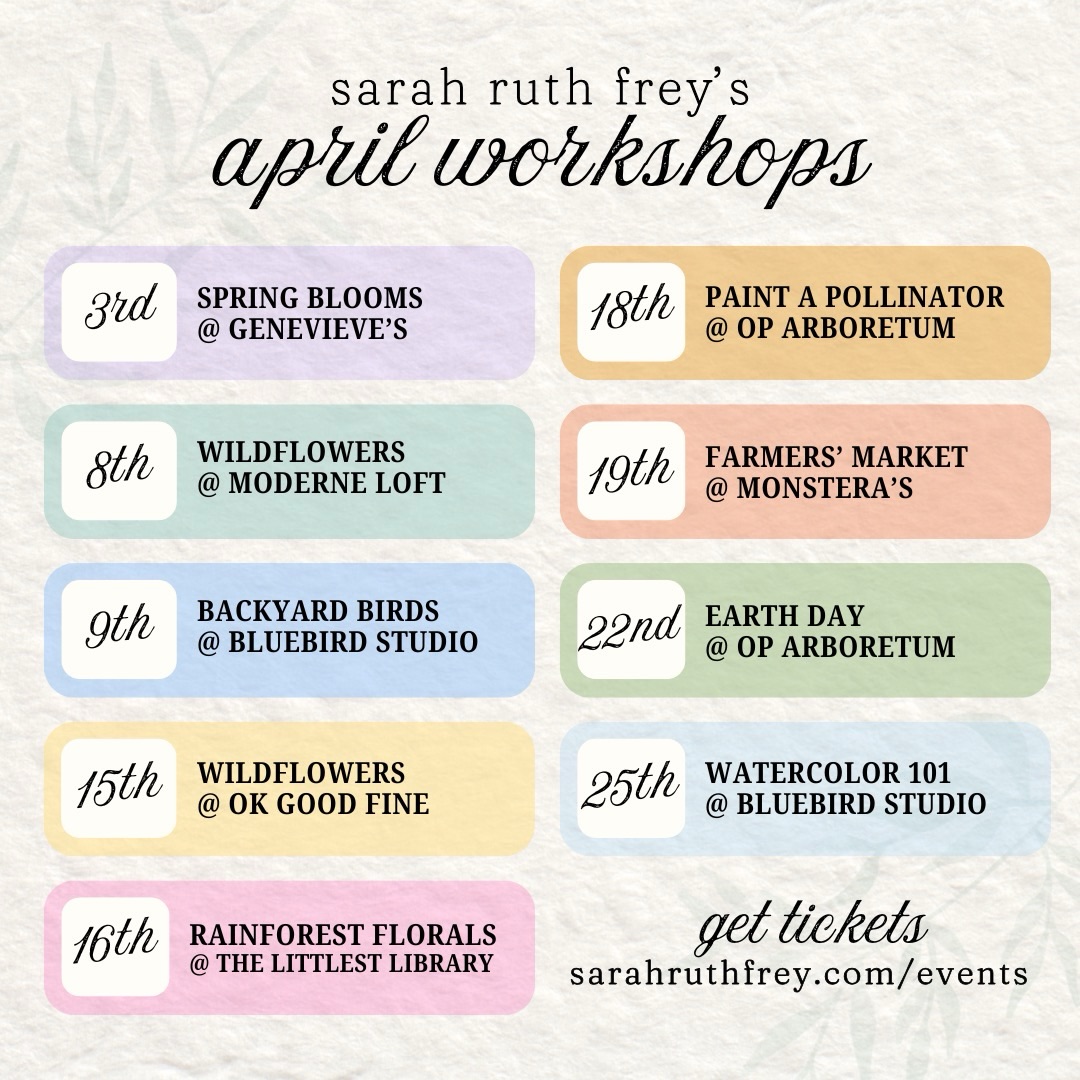 ✨WORKSHOP DROP✨ The April lineup is here, and we are all about the birds & the bees this month 👀🙈🐝
🎨 All workshops are beginner friendly with all materials provided! (Designed for adults, but younger students are welcome ages 12+)
🎟️ Snag a seat at sarahruthfrey.com/events