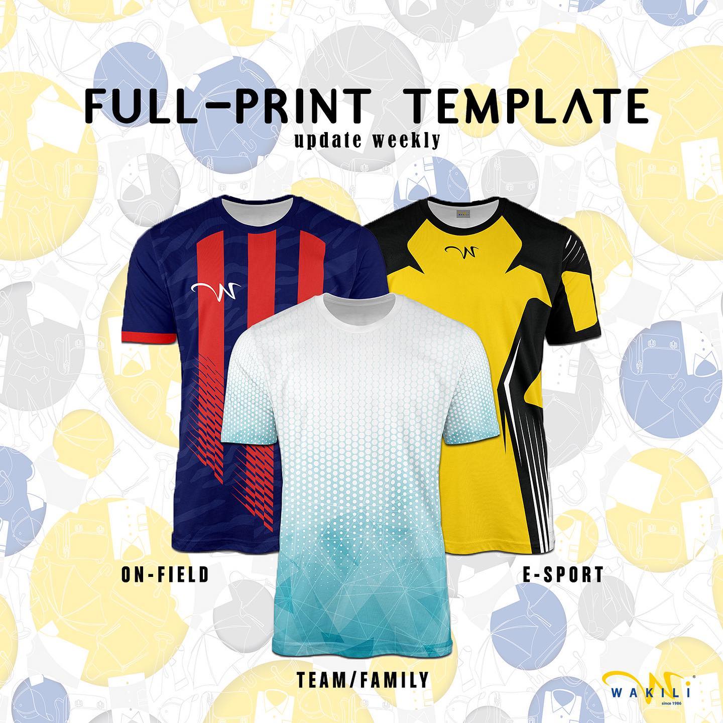 Wanting to have team t-shirt but don’t have design ideas? Come take a look at our Full Print (sublimation) Template. .
• Unlimited logo printing
• Unlimited wording
• Unlimited color choice
.
Children Size Available! Message us to start your team journey! Whatsapp: 9158 0054 .
Catalog at @fullprint_wakili & www.Wakili.com.sg/fullprint
.
#wakiliworld #teamshirt #familyshirts #esportsteam