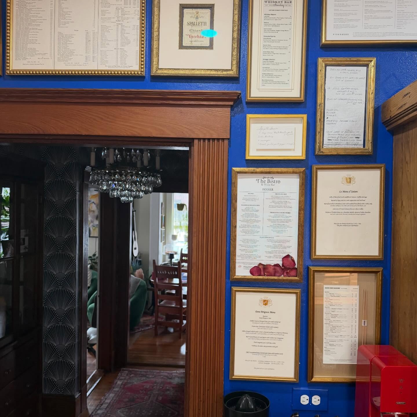Here’s a little corner of my world. I’ve been collecting and framing menus and written family recipes for decades. Here is a sampling. #menus #bluewall #blueginger #stella #customartframing
