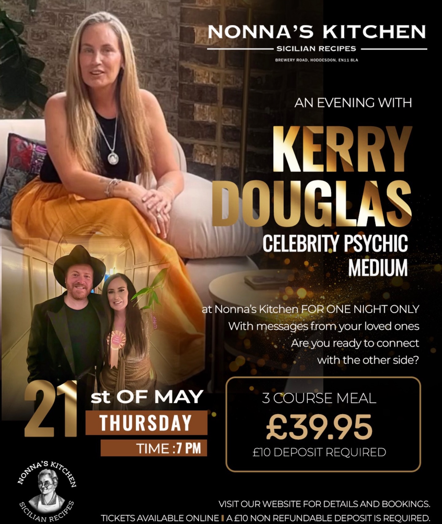 Come and join us at Nonna’s Kitchen for a 3 Course Meal and an evening with @misskerrydouglas a celebrity Psychic Medium 🔮
Are you ready to connect with the other side??