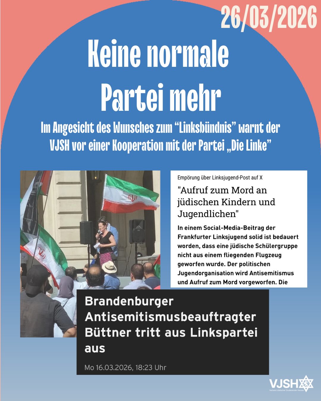 ⚠️ Keine Kooperation mit den Rändern! Der VJSH warnt eindringlich vor einem Linksbündnis mit der Partei „Die Linke“. Wer Antisemitismus und Mullah-Sympathisanten in den eigenen Reihen duldet, darf kein Partner für die demokratische Mitte sein. Jüdische Sicherheit und die Freiheit von Exil-Iranern sind nicht verhandelbar! 🕍🛡️
#VJSH #AntisemitismusStoppen #HessenPolitik #DemokratieSchützen