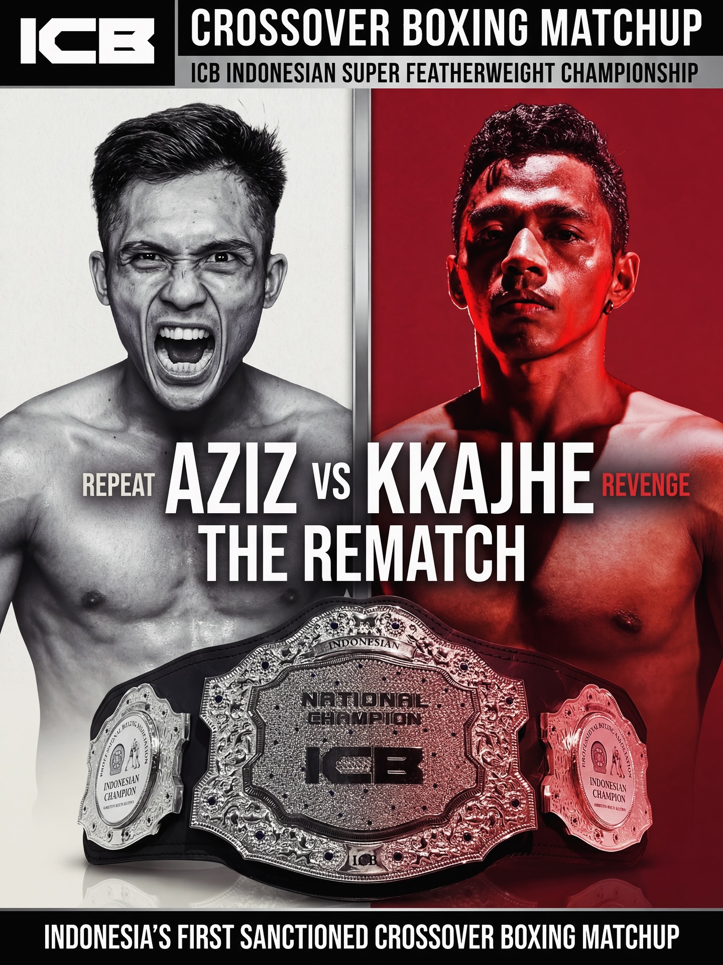 Veterans of their combat worlds crossover into boxing.
@azizcalims (Kickboxing) vs @kkajhe (Muay Thai) for the ICB Indonesian Super Featherweight Championship ๐ฎ๐ฉ๐
THE REMATCH.
Indonesiaโs first officially sanctioned crossover boxing matchup.
THIS. IS. CROSSOVER. BOXING