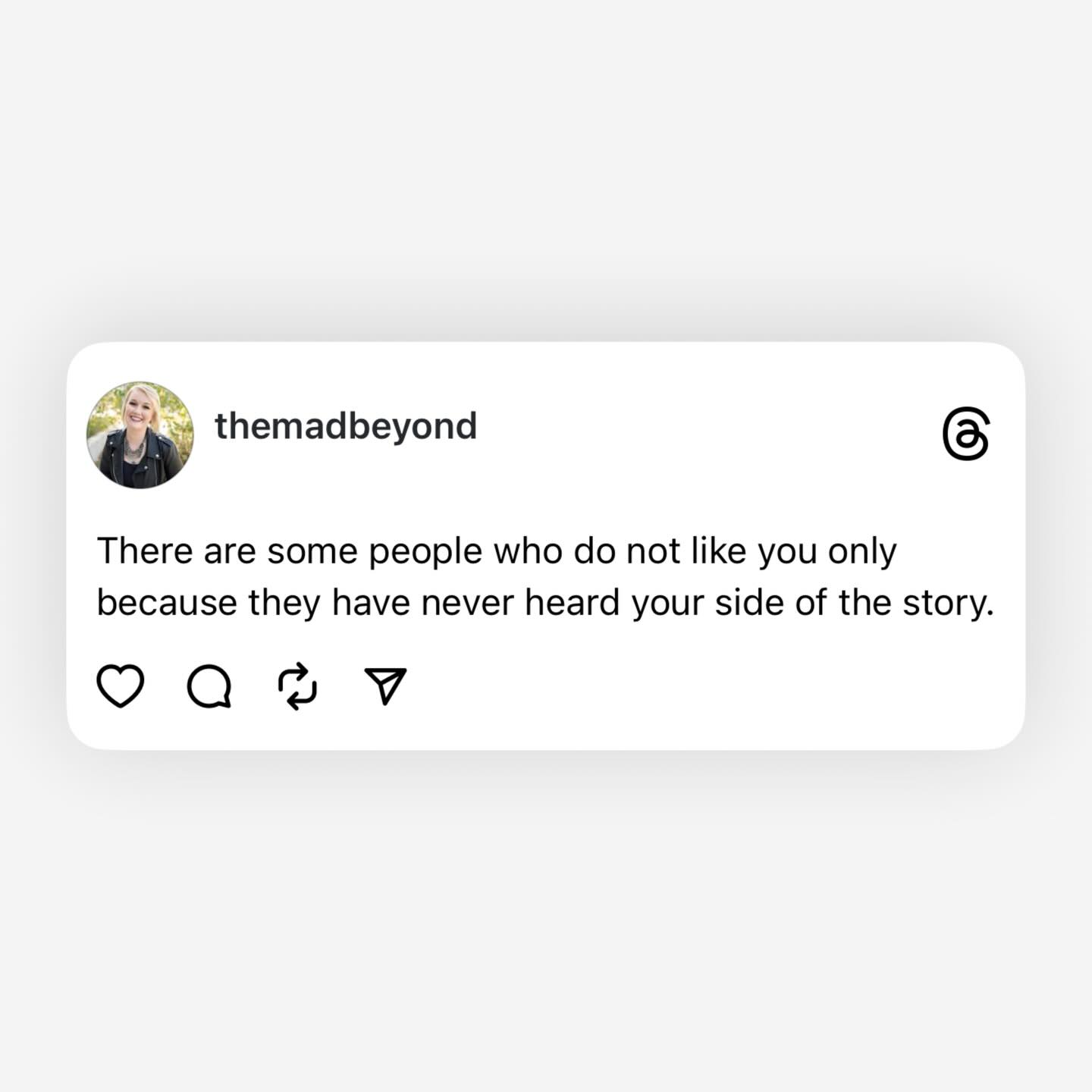 It’s okay if they don’t like you. Remember, they don’t know the real you anyway.
.
.
WANNA STAY M.A.D.?!👇
💻 ECOURSES: Get tools to help you heal from narcissistic family dynamics, lead with insight & level up your self-care (LINK IN BIO).
.
👚MERCH: Mugs, apparel (sizes S-3XL), & more (LINK IN BIO).
.
🗞 NEWSLETTER: Don’t miss the newsletter when it drops! Sign up for the The M.A.D. Beyond newsletter today to stay M.A.D. (LINK IN BIO).
.
🛋 THERAPY: @themadtherapy IA/IL/FL
.
🧠 Social media is not therapy. All posts on The M.A.D. Beyond’s social media accounts are for educational purposes only and are not a replacement or substitution for mental health services. Read the disclaimer to at TheMADBeyond.com to learn more.
.
.
#themadbeyond #themadtherapist #emotionalabuse #narcissim #healthyrelationship