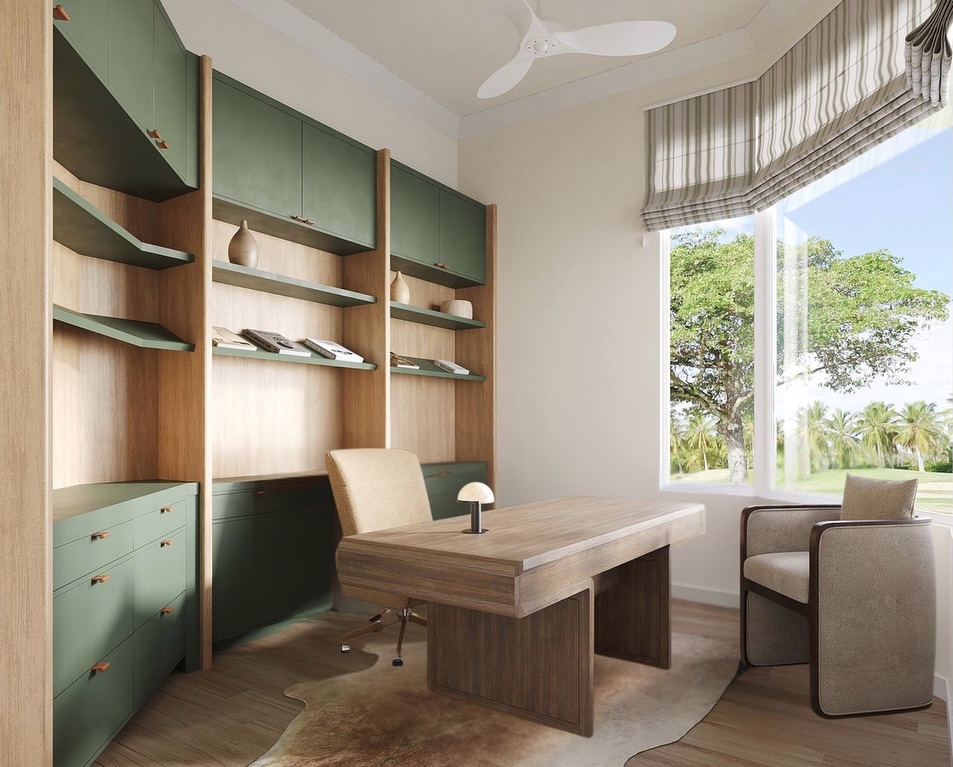Obsessed is an understatement.
This home office was designed to feel calm, grounded, and quietly confident - where warm woods, soft textures, and that perfect shade of green do all the talking.
#southfloridadesign #southfloridahomes #palmbeachdesign #homeofficedesign
