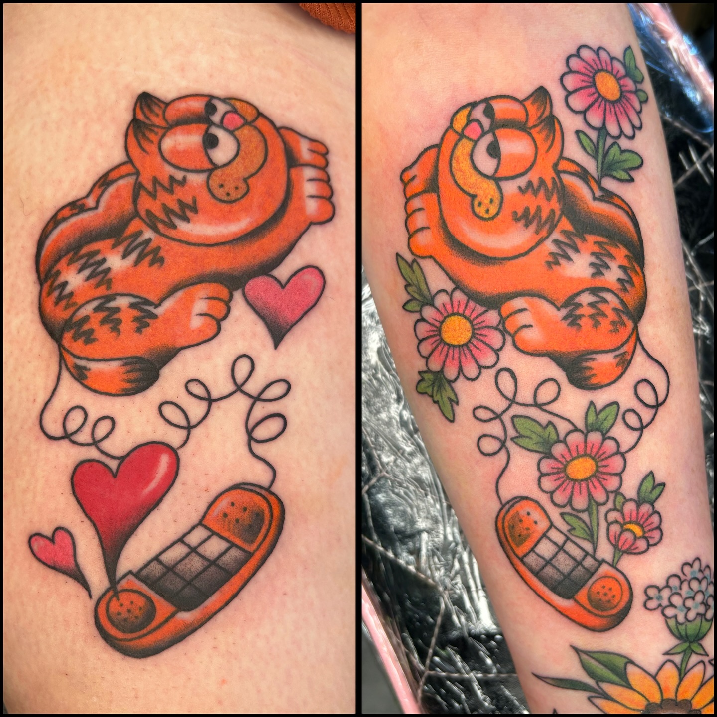 🧡 Got to do my Garfield phone twice with a little variation! Hearts for @rose.horseman and flowers for @bonniejeanalex ! Thank you both for having impeccable taste 🍝🧡
.
.
.
#garfieldtattoo #cartoontattoo #garfield #pghtattooer #pittsburghtattooartist