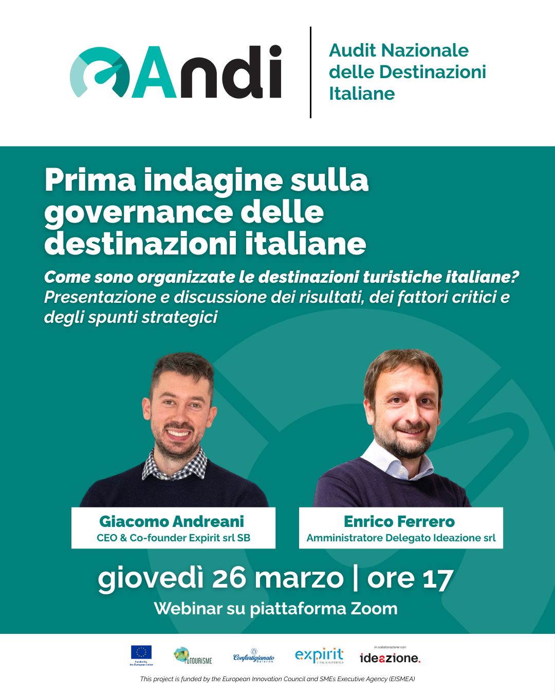 Come sono organizzate oggi le destinazioni turistiche italiane?
Quali modelli di governance sono stati adottati e quali scelte strategiche sono state prese per rafforzare competitività, coordinamento e capacità di attrazione?
Ce ne parla il partecipante @expirit_it nel webinar di presentazione dei risultati di ANDI – Audit Nazionale delle Destinazioni Italiane, la prima indagine nazionale che indaga i modelli di governance di un campione test di 30 destinazioni turistiche.
Giacomo Andreani e Enrico Ferrero mostreranno le principali evidenze emerse dall’analisi svolta su temi quali la governance, la strutturazione dell’offerta, l’approccio promozionale e la sostenibilità.
🗓️ Giovedì 26 marzo | ore 17:00
💻 Webinar su piattaforma Zoom
🎙️ Intervengono: Giacomo Andreani (CEO & Co-founder Expirit srl SB) e Enrico Ferrero (Amministratore Delegato Ideazione Srl)
Link in bio!