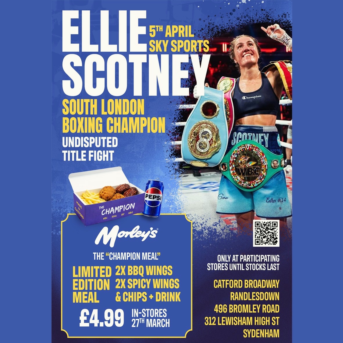 👊🏻 South London champion x South London institution 🍗
In honour of @elliescotney_ Undisputed title fight we have an exclusive meal on offer!
🥊🥊The Champion Meal 🥊🥊
Best of Both Worlds
2x Spicy Wings
2x BBQ Wings
Fries and Drink
📍On offer at 5 locations in-store from 27th of March
Give our Champion support and tune in on 5th April on Sky sports to watch Ellie become Undisputed champion of the world.
Legend in the making, Blue Borough Made 💙👑
#womensboxing