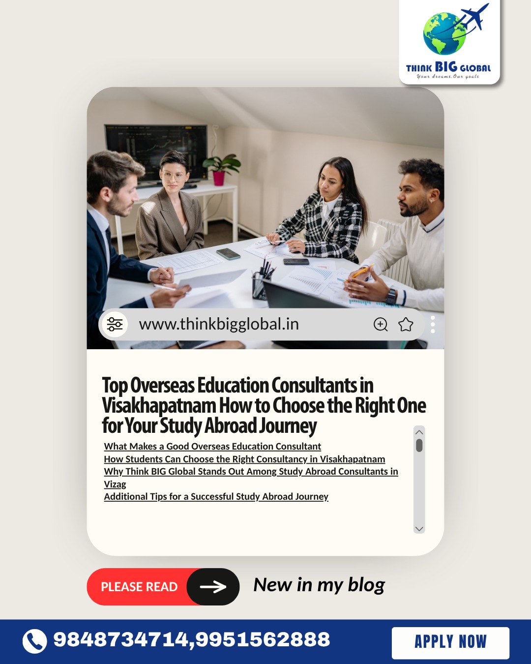 🎓 How to Choose the Right Overseas Education Consultant in Vizag? 🌍
Choosing the right guidance is the first step toward your study abroad success.
With so many options available, how do you select the best consultant? 🤔
At Think BIG Global – Study Abroad Consultants Vizag, we believe in:
✔ Transparent guidance
✔ Personalized counseling
✔ Expert admission & visa support
✔ Proven student success results
We help you make the right decisions at every stage of your study abroad journey. ✈️
📖 Read our latest blog to learn how to choose the best consultant:
👉 https://www.thinkbigglobal.in/post/top-overseas-education-consultants-in-visakha-how-to-choose-your-study-abroad-consultants-vizag
📍 Visakhapatnam
📞 98487 34714 | 99515 62888
Think BIG Global Education Solutions Pvt. Ltd.
Your trusted Study Abroad Consultants Vizag 🌎
#StudyAbroadConsultantsVizag #OverseasEducationVizag #StudyAbroadIndia #ThinkBigGlobal #VisaConsultantsVizag #AbroadEducation #StudentSuccess #VizagStudents #StudyAbroadJourney 🎓🌍