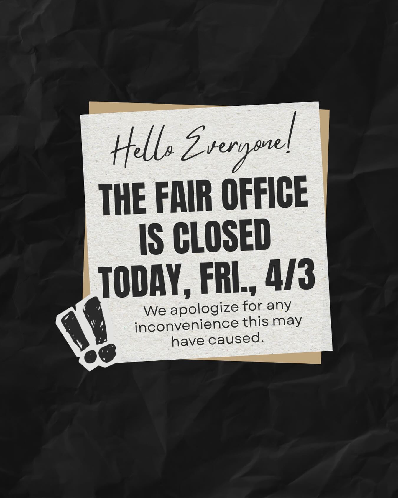 📣Due to unforeseen circumstances, the Fair Office will be closed today, Friday, April 3, 2026.
🔸For Winter Parking questions - please email medinafair@gmail.com
🔸There is a drop box outside the office door for anyone who needs to bring paperwork or payments.
🔸We will reopen at regular business hours on Monday, April 6, 2026.