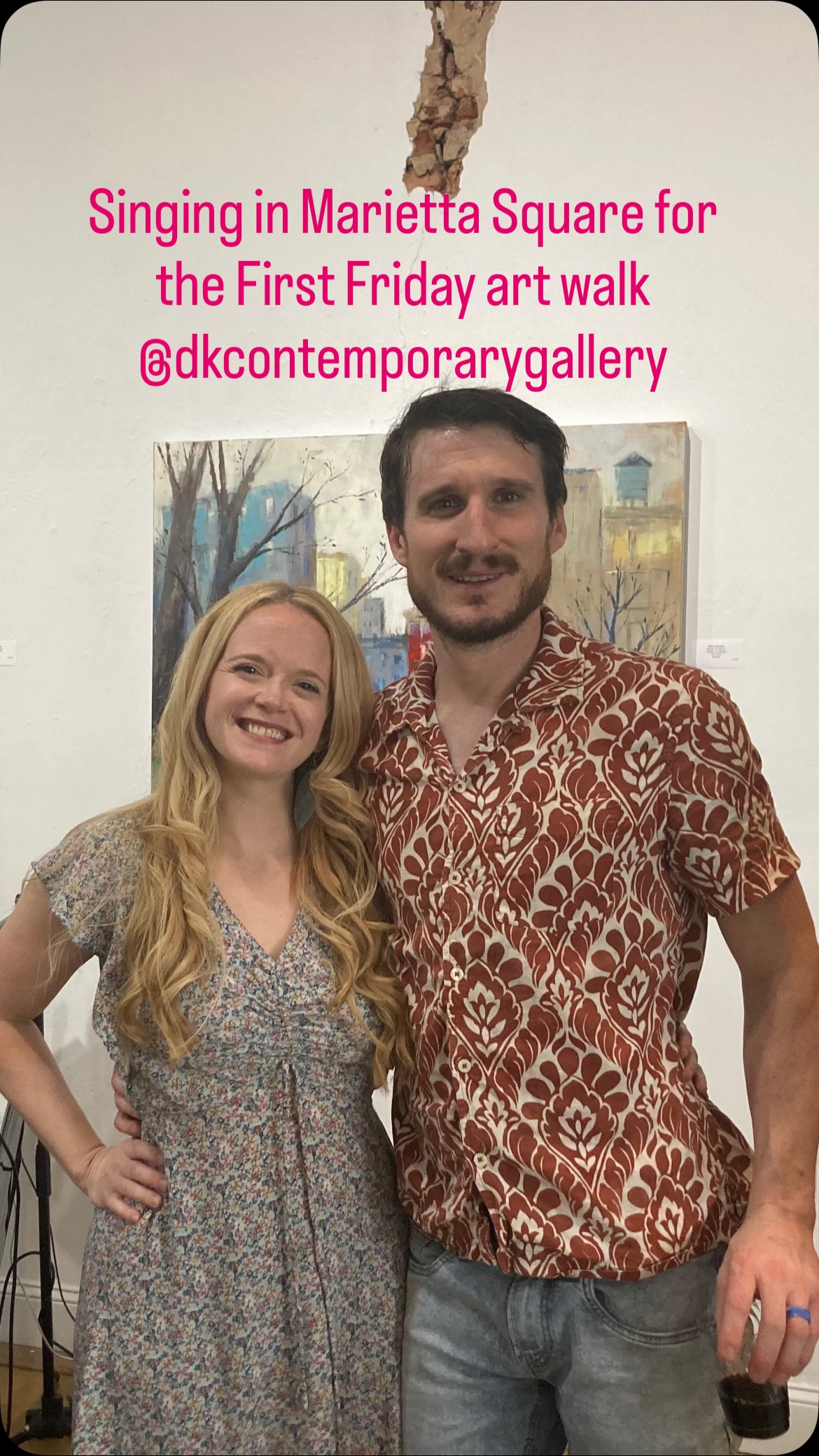 At my gig last night at @dkcontemporarygallery in the @mariettasquare for the first Friday @mariettasquareartwalk! My husband is my greatest supporter. Thanks to every who came out! We had a blast! #music #art #love