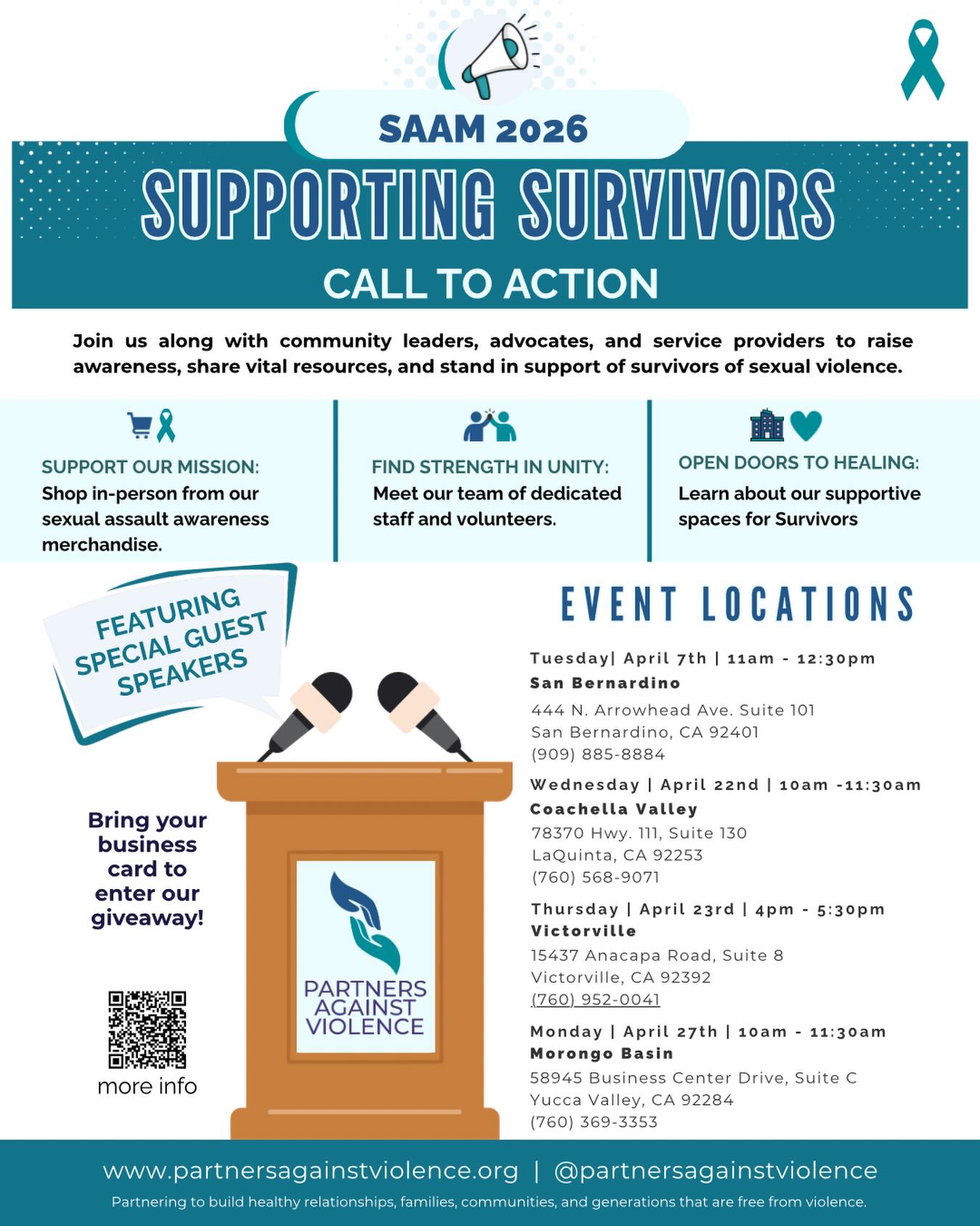 Join us for a community Call To Action near you! 4 offices, 4 events! See you there! #saam2026 #SupportSurvivors #CallToAction