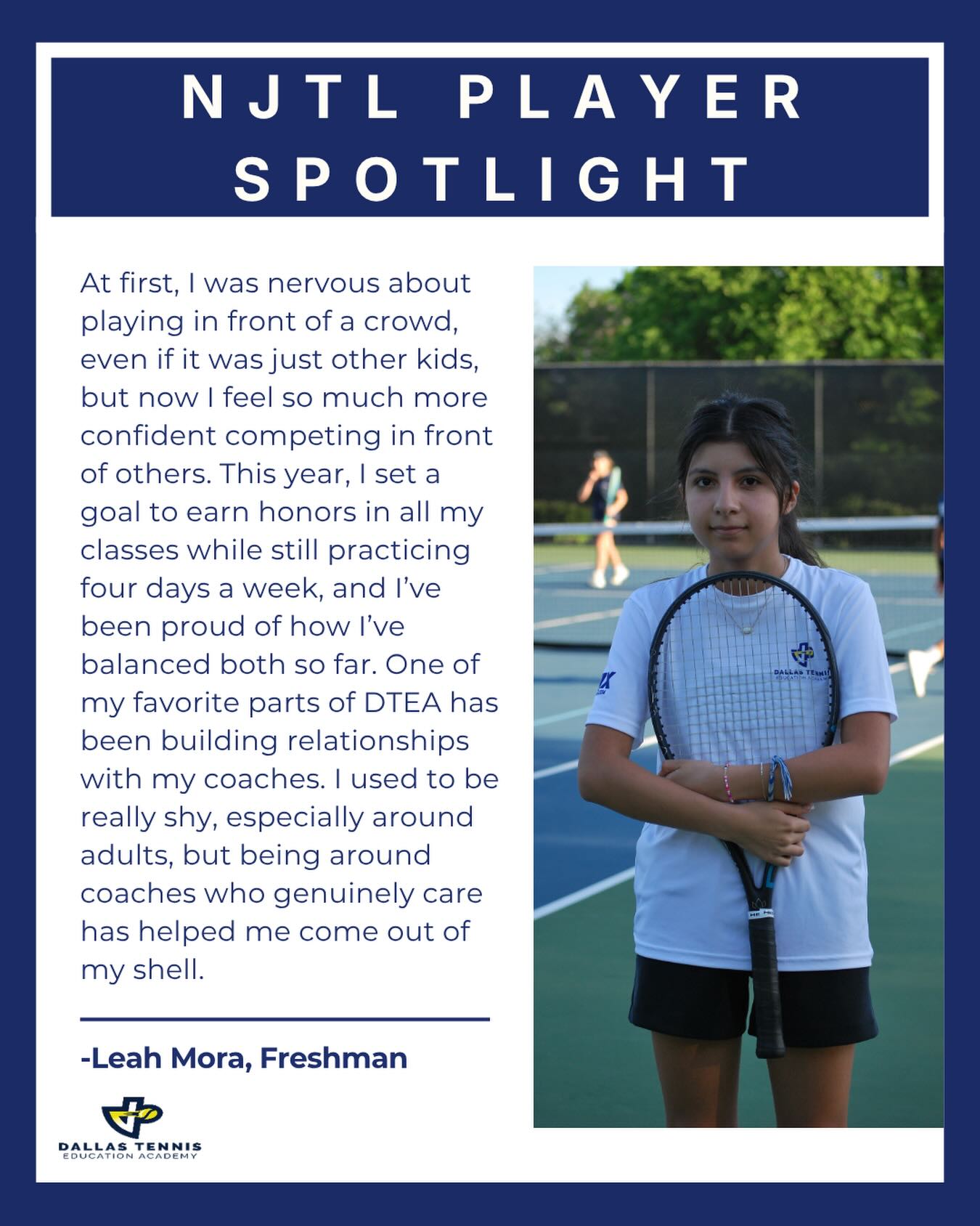 Meet Leah, our April NJTL Player Spotlight! 🎾
Leah is one of our most improved and dedicated players. She recently moved up to Junior Competitive and has made huge strides in her game. Not only does Leah commit to practicing four nights a week, but she also stays active in the community by volunteering at various DTA events.
On top of that, Leah competes in JTT and maintains Honor Roll classes at school. Her hard work, dedication, and positive attitude truly stand out.
Keep up the great work, Leah! We’re proud of you and everything you’re accomplishing! 👏
#DTEA #DallasNJTL