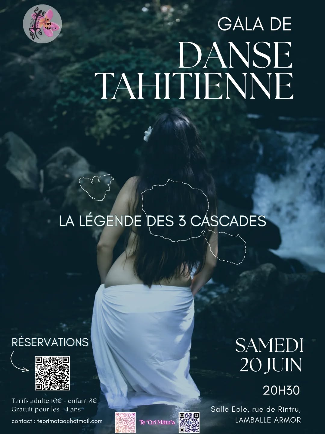 GALA de DANSE TAHITIENNE
🌸 Te 'Ori Māta'a est fier de vous présenter son gala de danse tahitienne - "La légende des trois cascades" 🌿
🌸 Après une année de danse, de partage et de passions naissantes et renforcées, venez voir briller les danseuses de Te 'Ori Māta'a et vous émerveillez au son des to'ere, des mélodieux 'aparima et des magnifiques costumes en découvrant l'adaptation de la fameuse légende des trois cascades de Tahiti.
📅 Le gala aura lieu le samedi 20 juin 2026
⏰ A 20h30
📍 Salle Eole, rue de Rintru, 22400, Lamballe Armor, Bretagne
Gâteaux, crêpes, boissons, vous laisseront la possibilité de vous restaurer durant l'entracte. 🍿🥤
Ce gala peut être l'occasion de venir avec vos belles robes colorées et chemisiers polynésiens, vos couronnes de fleurs, po'ara ... 🌺🌼🌸
🎞️La billetterie est ouverte et accessible via ce lien :
https://www.billetweb.fr/gala-de-danse-tahitienne-la-legende-des-3-cascades
ou avec le QR code présent sur le flyer du gala.
➡️ tarif adulte - 10€
➡️ tarif enfant (de 4 à 10ans) - 8€
➡️ gratuit pour les - de 4 ans.
Accès PMR.
Pour plus d'informations, merci de me contacter par mail :
teorimataa@hotmail.com
On vous promet un spectacle mémorable, vivant et culturel, mené par l'amour de la culture polynésienne ♥ !
Haere mai ! A 'ori mai !
#gala #galadansetahitienne #oritahiti #culturetahitienne #Polynésie galadanse legend evenementculturel evenementbretagne