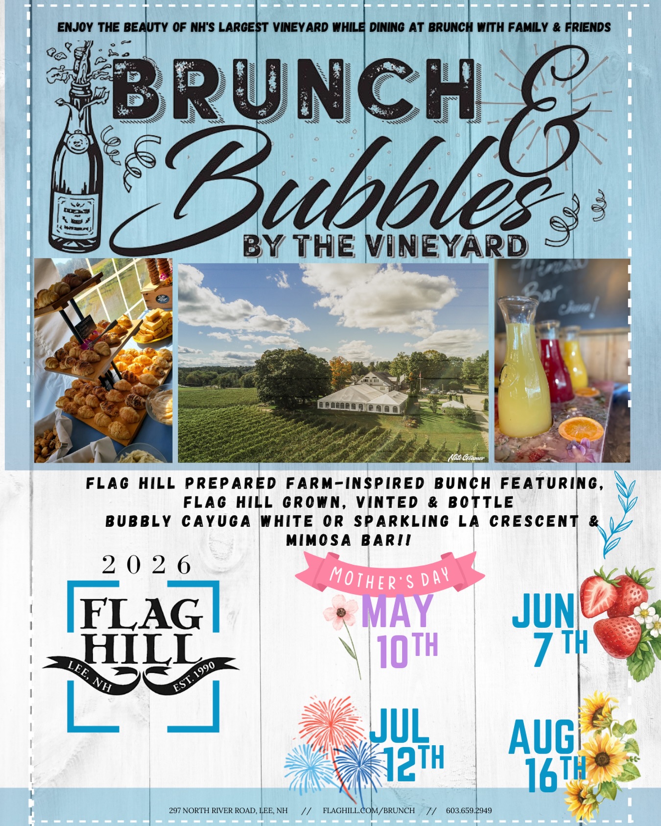 Our 2026 BRUNCH and BUBBLES tickets are now Live!!
Join us Vineyard Side for Bottomless Mimosas and Farm to Table Food Selections. All tickets and reservations can be made at www.flaghill.com/upcoming