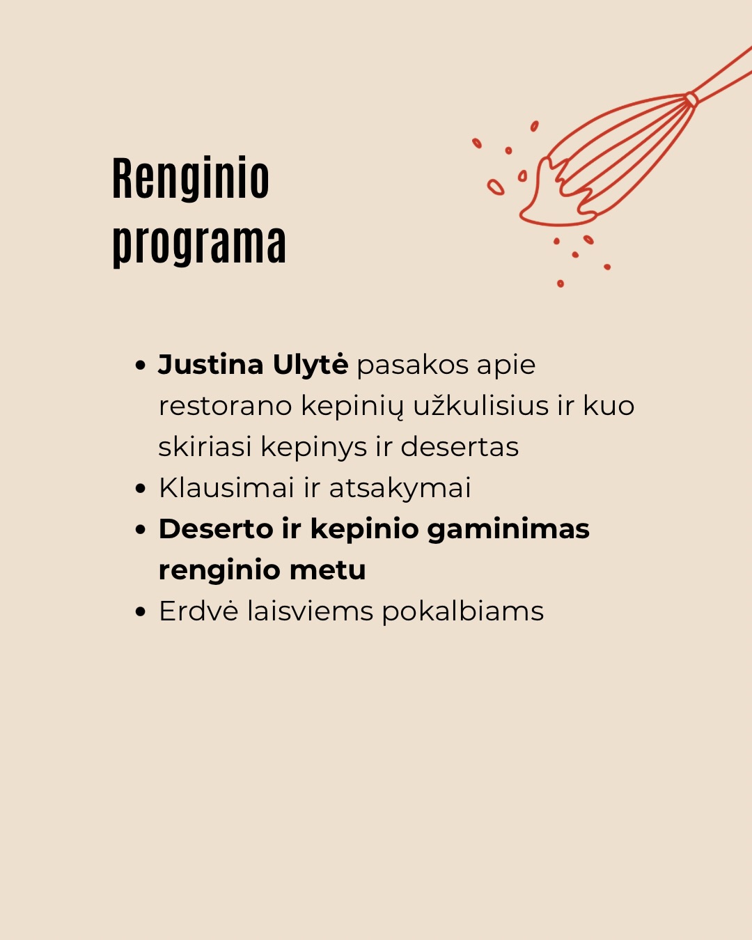 Restorane kepinys nėra tik receptas.
Tai sprendimų visuma: kada, kaip, kiek ir kodėl.Būtent šitą sluoksnį dažniausiai sunkiausia perkelti į namus.Balandžio susitikime Numan virtuvės šefė Justina (@justebeatrice) pasakos atvirai:
– kaip gimsta kepiniai restorano virtuvėje
– kuo jie skiriasi nuo desertų
– kaip galima poruoti kepinį su desertu ir išgauti įdomius derinius.Renginio metu vieną desertą komponuosime (jame bus ir kepinys).Jei esate Kepėjų klubo dalis – laukiame jūsų Kaune.
Jei dar ne – durys atviros.