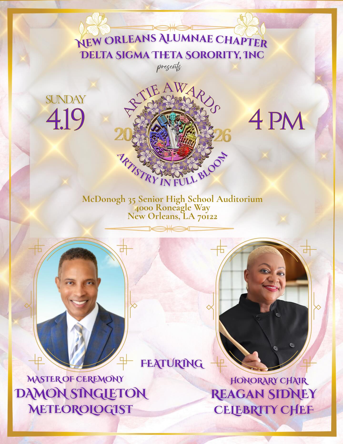 Artistry is in full bloom 🌸✨
Join the New Orleans Alumnae Chapter of Delta Sigma Theta Sorority, Inc. and the Arts and Letter Committee for the 2026 Artie Awards, an afternoon celebrating creativity, culture, and excellence in our community.
📅 Sunday, April 19, 2026
🕓 4 PM | Doors open at 3:30 PM
📍 McDonogh 35 Senior High School Auditorium
Featuring:
🎤 Master of Ceremony, Damon Singleton
👩🏾🍳 Honorary Chair, Celebrity Chef Raegan Sidney
Attire: Semi-Formal
This event is free and open to the public, but a ticket is required for entry.
Secure your seat today: bit.ly/artieawards2026
or click the link in our bio!
Come ready to celebrate the artistry that continues to shape our city. 🌟