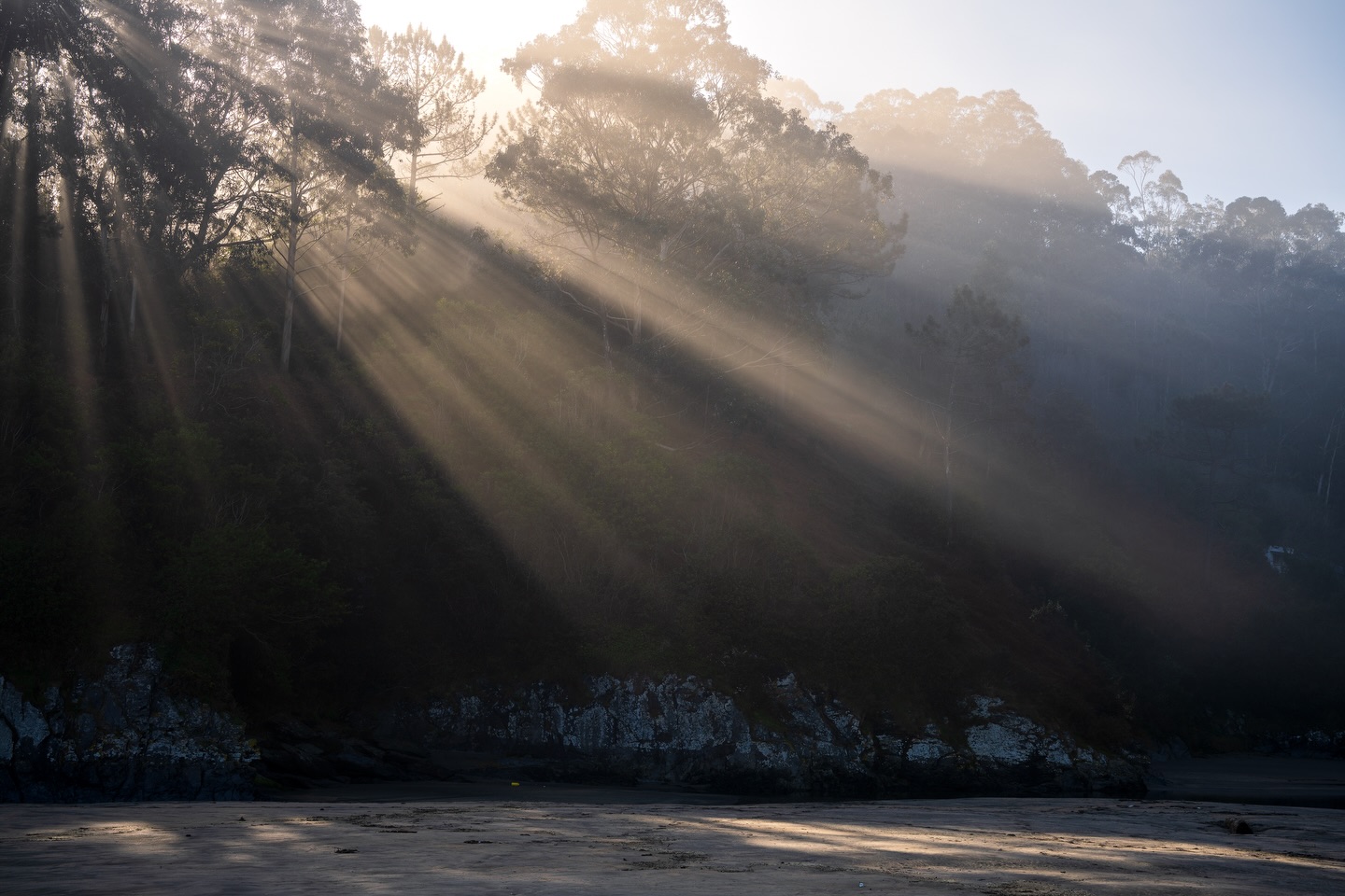 Sunrise at the beach.
On the same morning we discovered those beautiful patterns in the sand, we found ourselves at the other end of the beach. Just in time to witness sun rays breaking through the morning mist.
As the sun slowly climbed higher, the scene turned into a truly beautiful spectacle.
Shot on Sony A7 RV + Sigma 50mm F1.2 DG Art & 70-200mm f2.8 + Maven Filters Polarizer + framed on Gitzo Systematic Tripod.